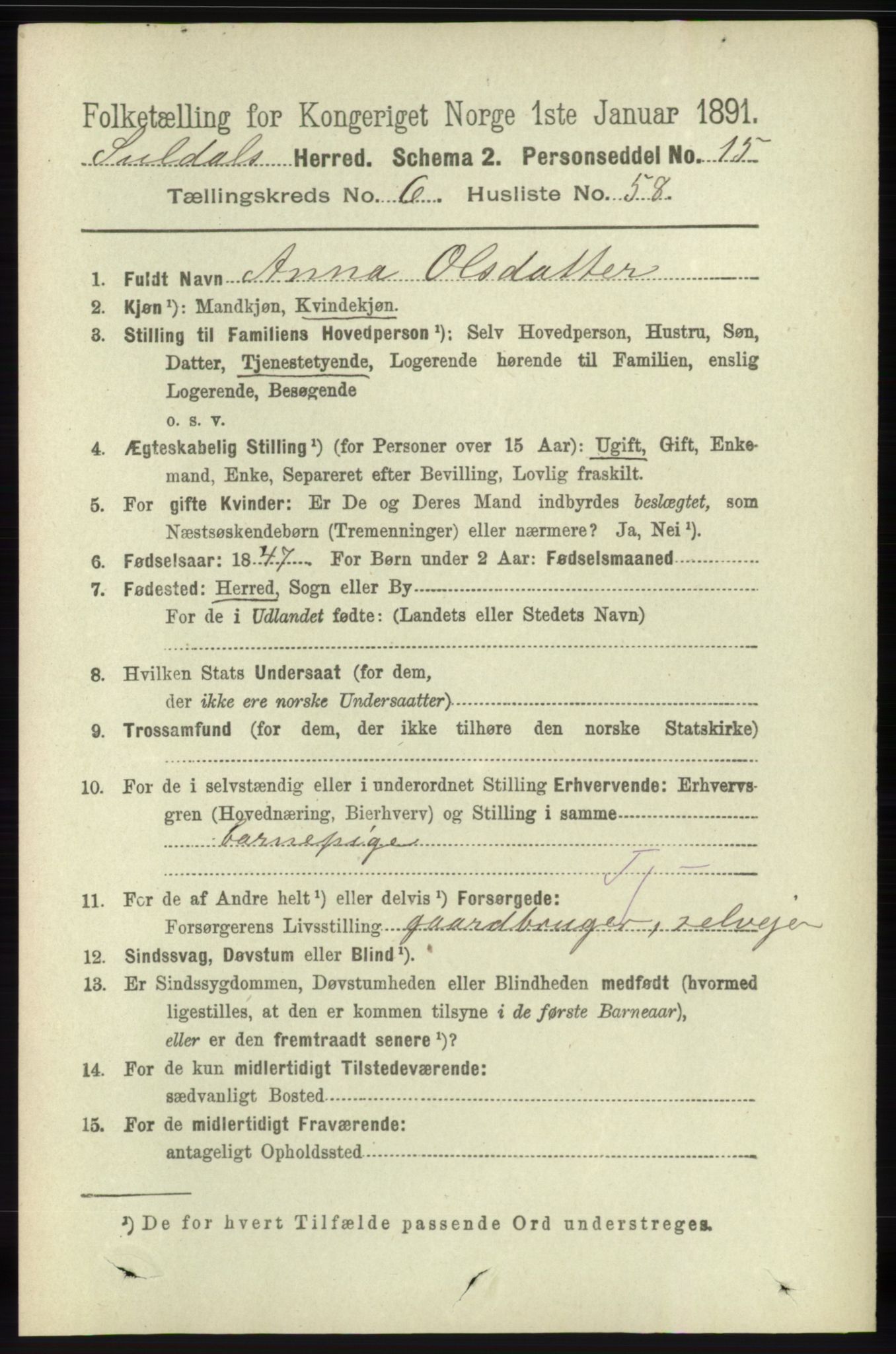 RA, 1891 census for 1134 Suldal, 1891, p. 1933