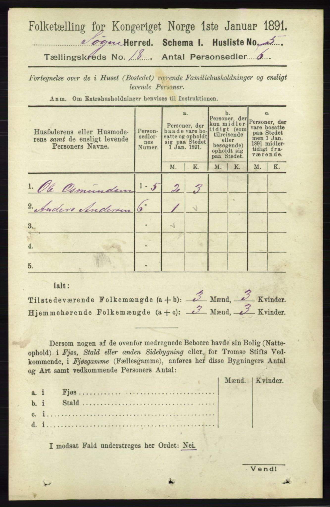 RA, 1891 census for 1018 Søgne, 1891, p. 4707