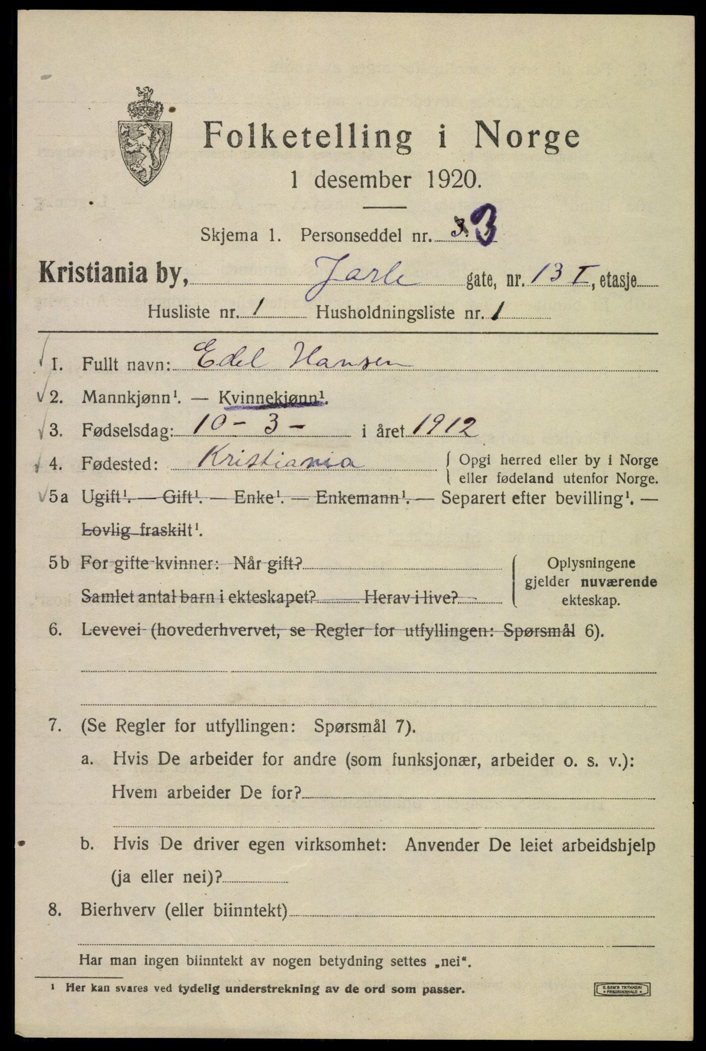 SAO, 1920 census for Kristiania, 1920, p. 316547