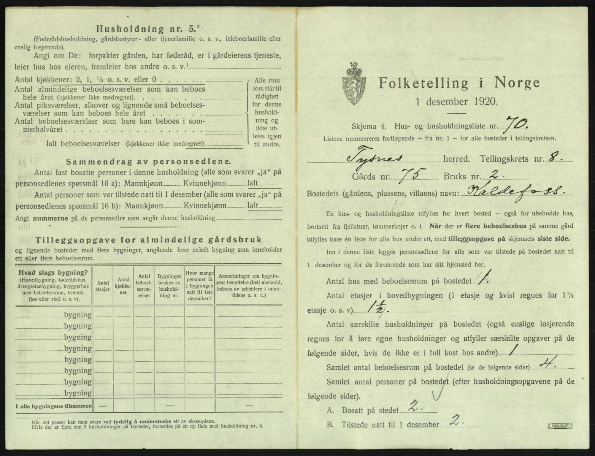 SAB, 1920 census for Tysnes, 1920, p. 809