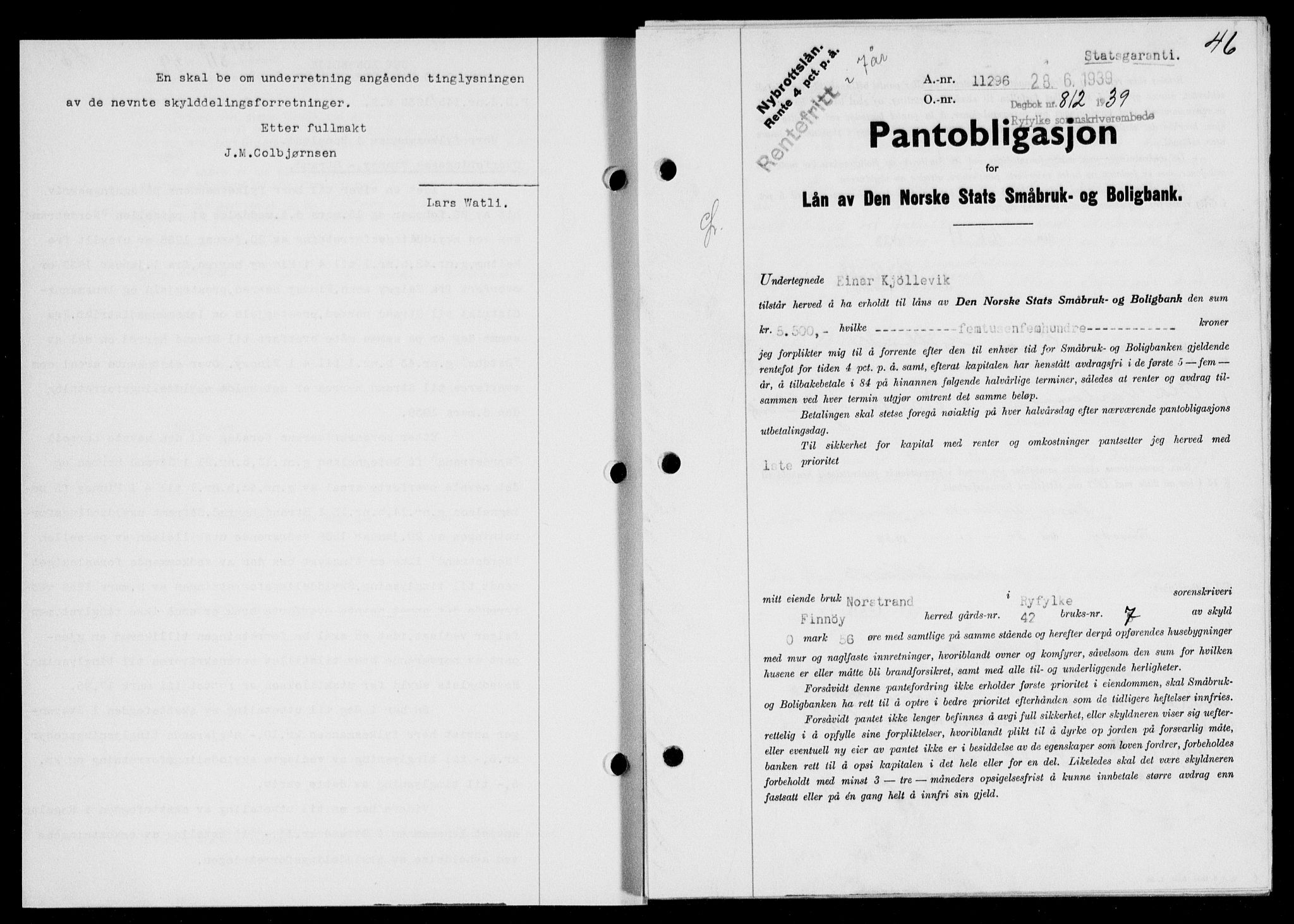 Ryfylke tingrett, SAST/A-100055/001/II/IIB/L0080: Mortgage book no. 59, 1939-1939, Diary no: : 812/1939