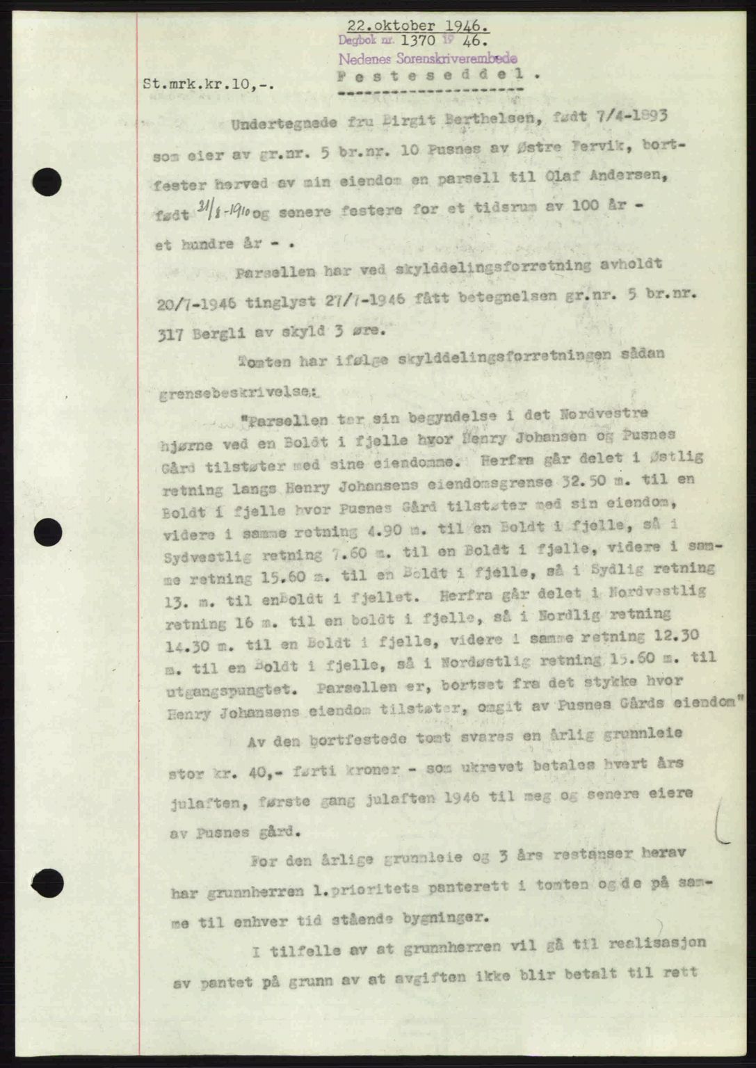 Nedenes sorenskriveri, AV/SAK-1221-0006/G/Gb/Gba/L0056: Mortgage book no. A8, 1946-1947, Diary no: : 1370/1946