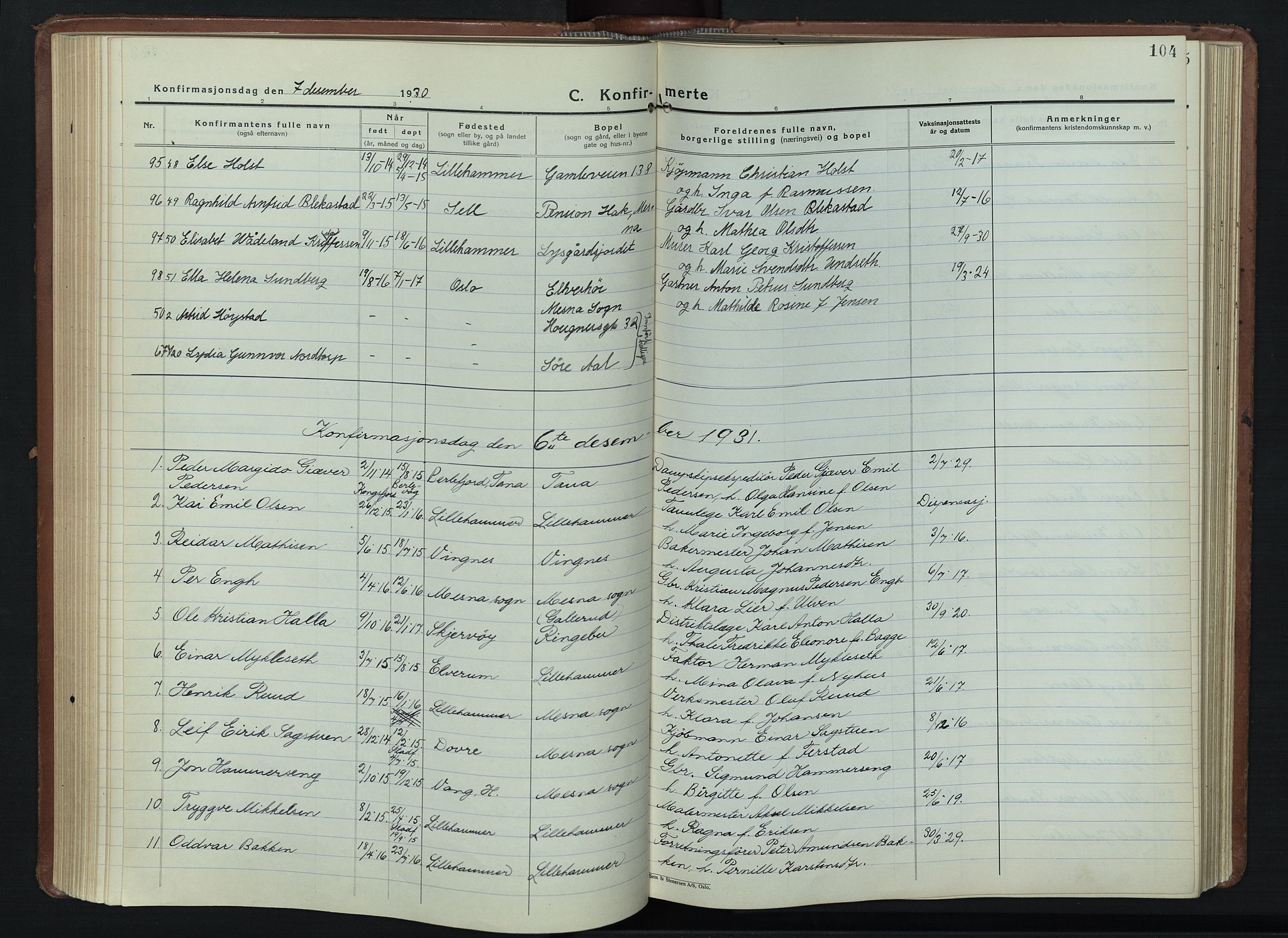 Lillehammer prestekontor, AV/SAH-PREST-088/H/Ha/Hab/L0003: Parish register (copy) no. 3, 1927-1943, p. 104