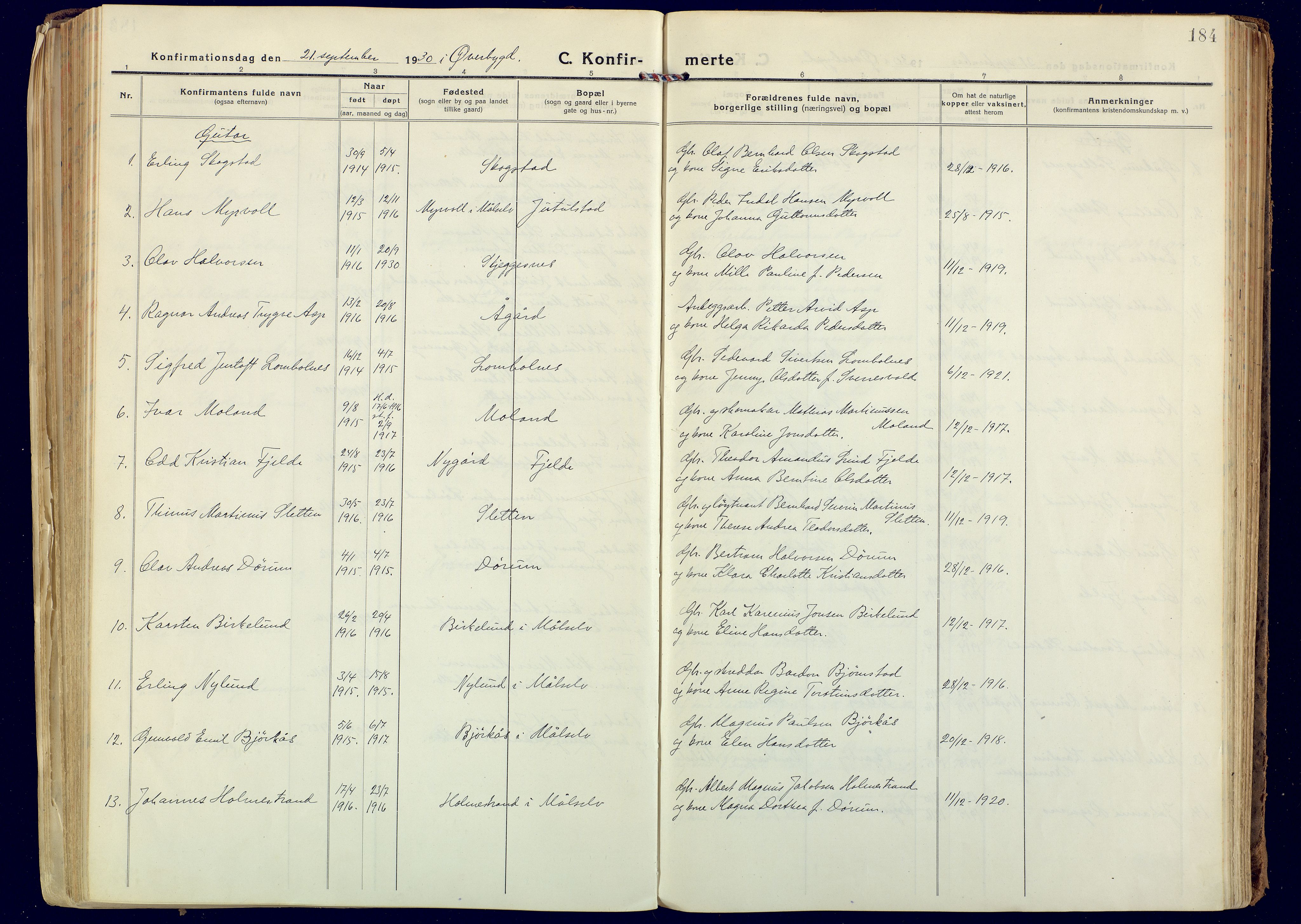 Målselv sokneprestembete, AV/SATØ-S-1311/G/Ga/Gaa/L0014kirke: Parish register (official) no. 14, 1919-1932, p. 184