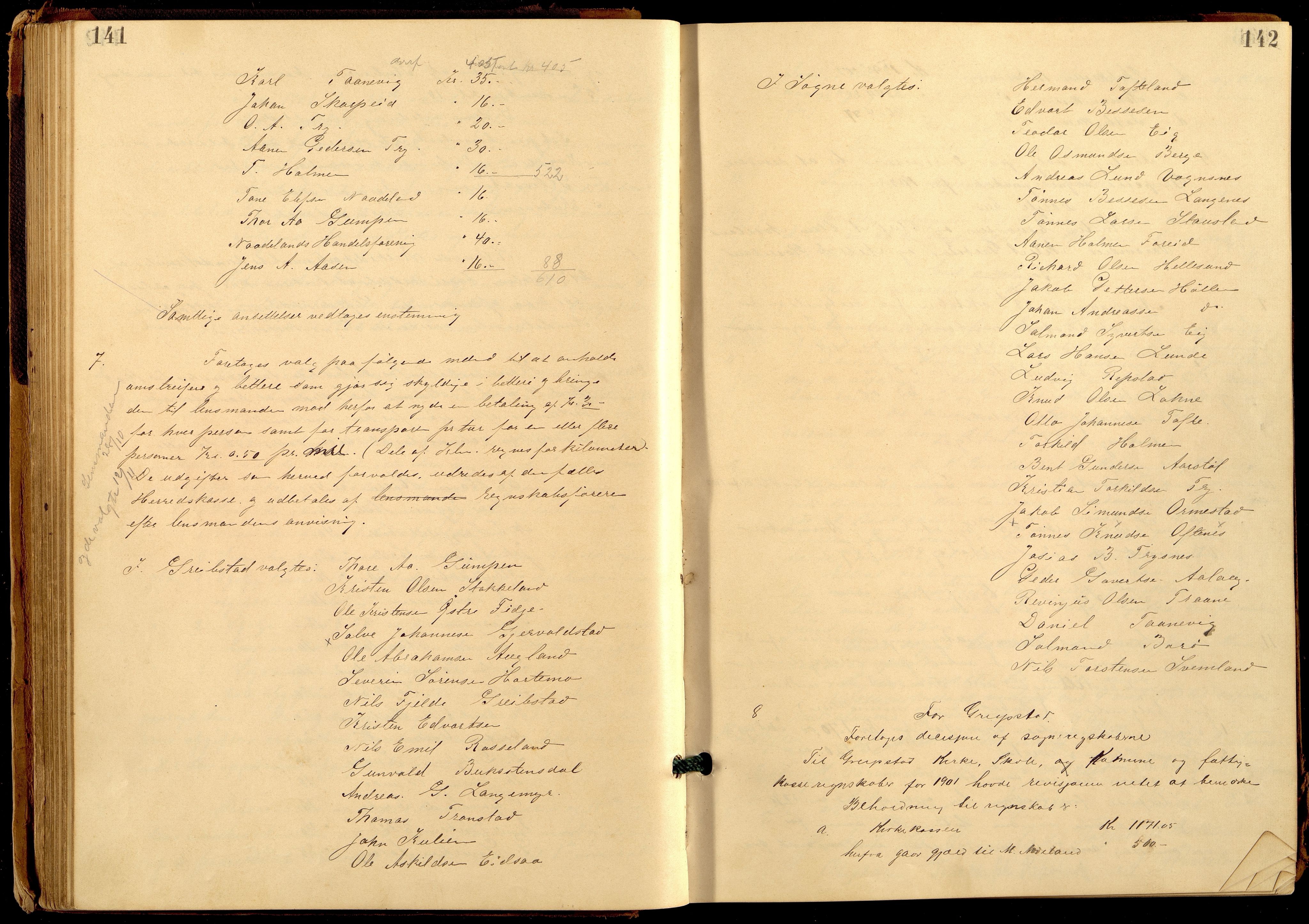 Søgne og Greipstad kommune - Formannskapet, ARKSOR/1018SG120/A/L0006: Møtebok (d), 1901-1909, p. 141-142