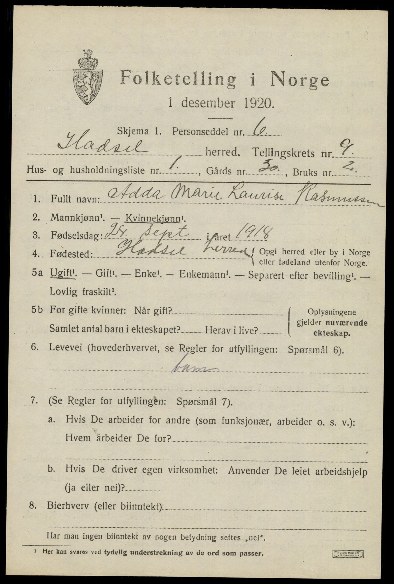 SAT, 1920 census for Hadsel, 1920, p. 7674