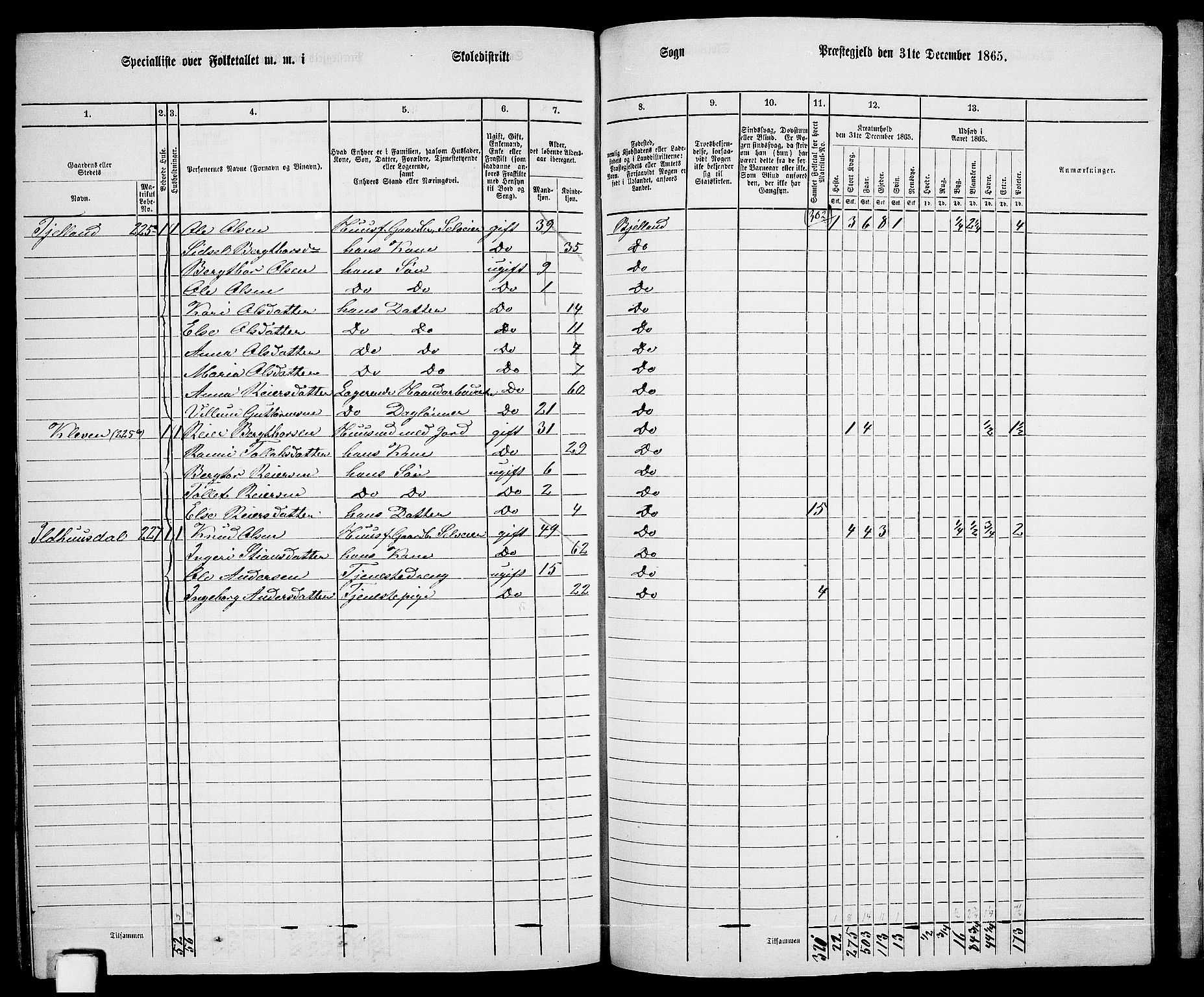 RA, 1865 census for Bjelland, 1865, p. 107