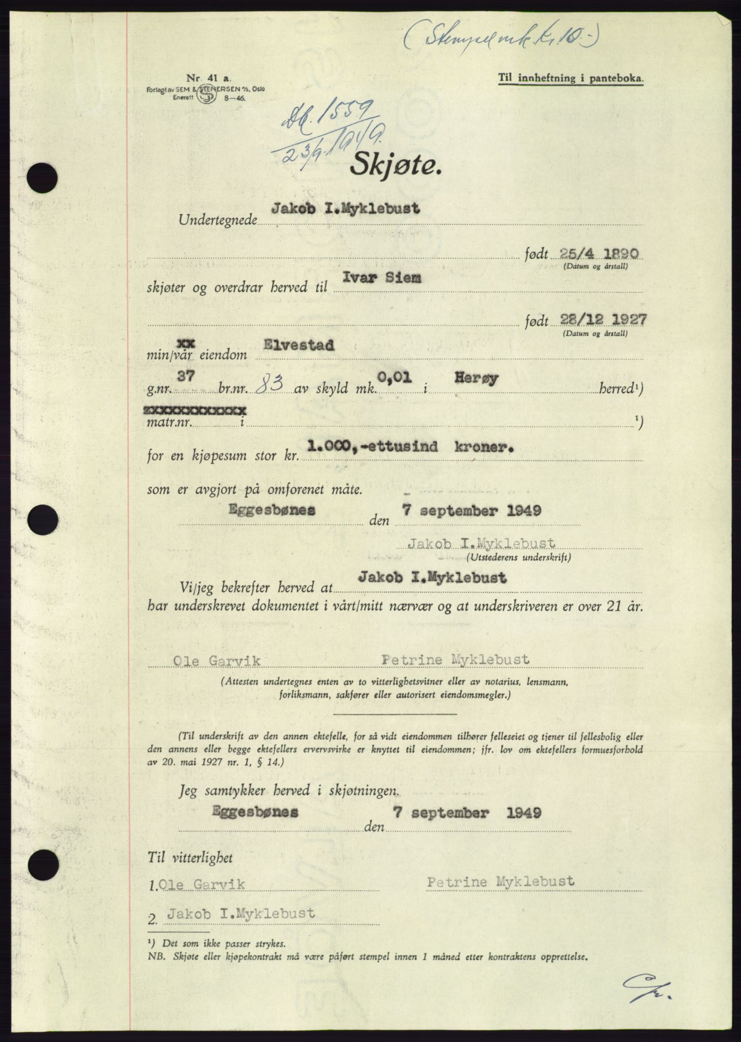 Søre Sunnmøre sorenskriveri, AV/SAT-A-4122/1/2/2C/L0085: Mortgage book no. 11A, 1949-1949, Diary no: : 1559/1949