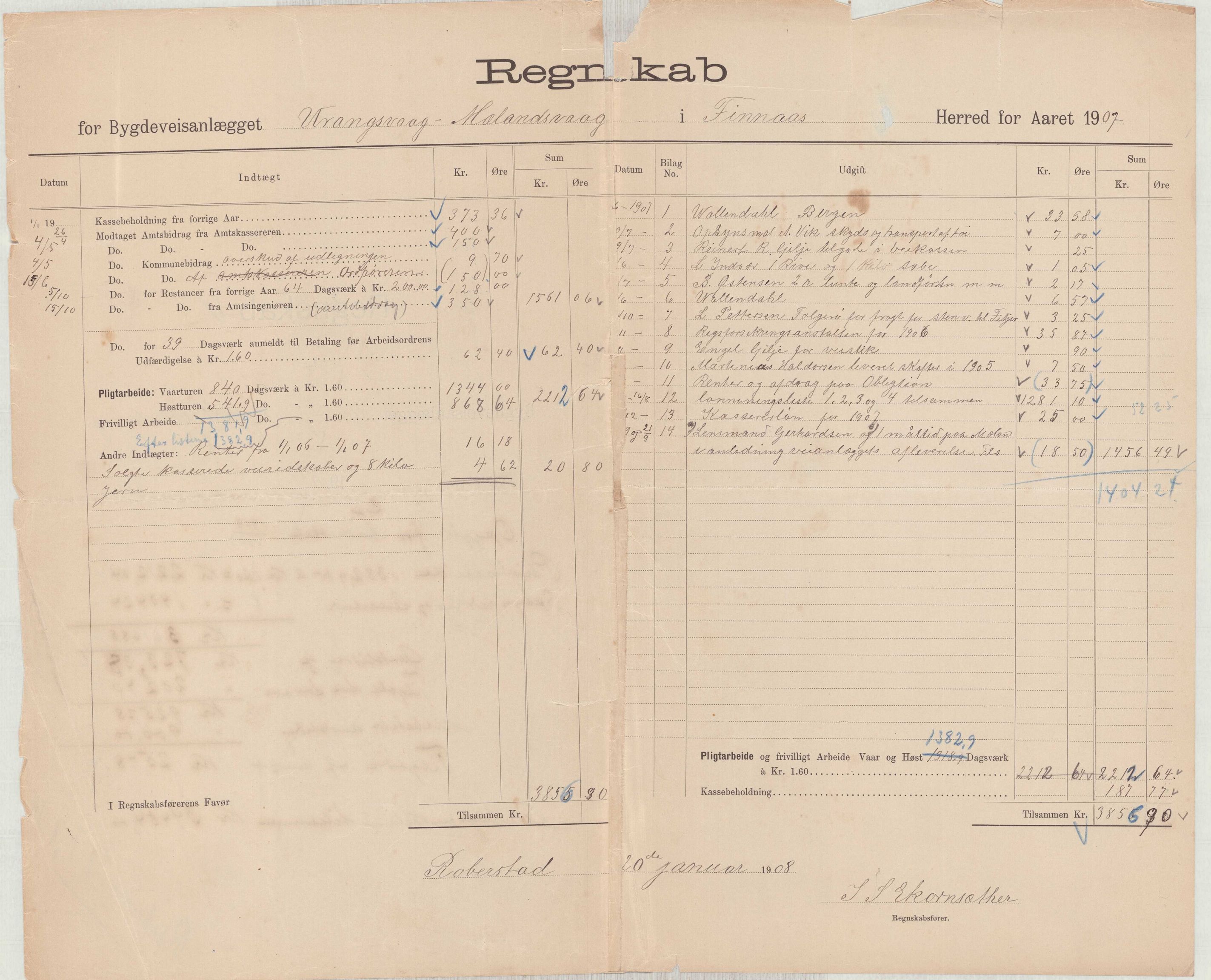 Finnaas kommune. Formannskapet, IKAH/1218a-021/E/Ea/L0002/0005: Rekneskap for veganlegg / Rekneskap for veganlegget Urangsvåg - Mælandsvåg, 1907-1909, p. 32