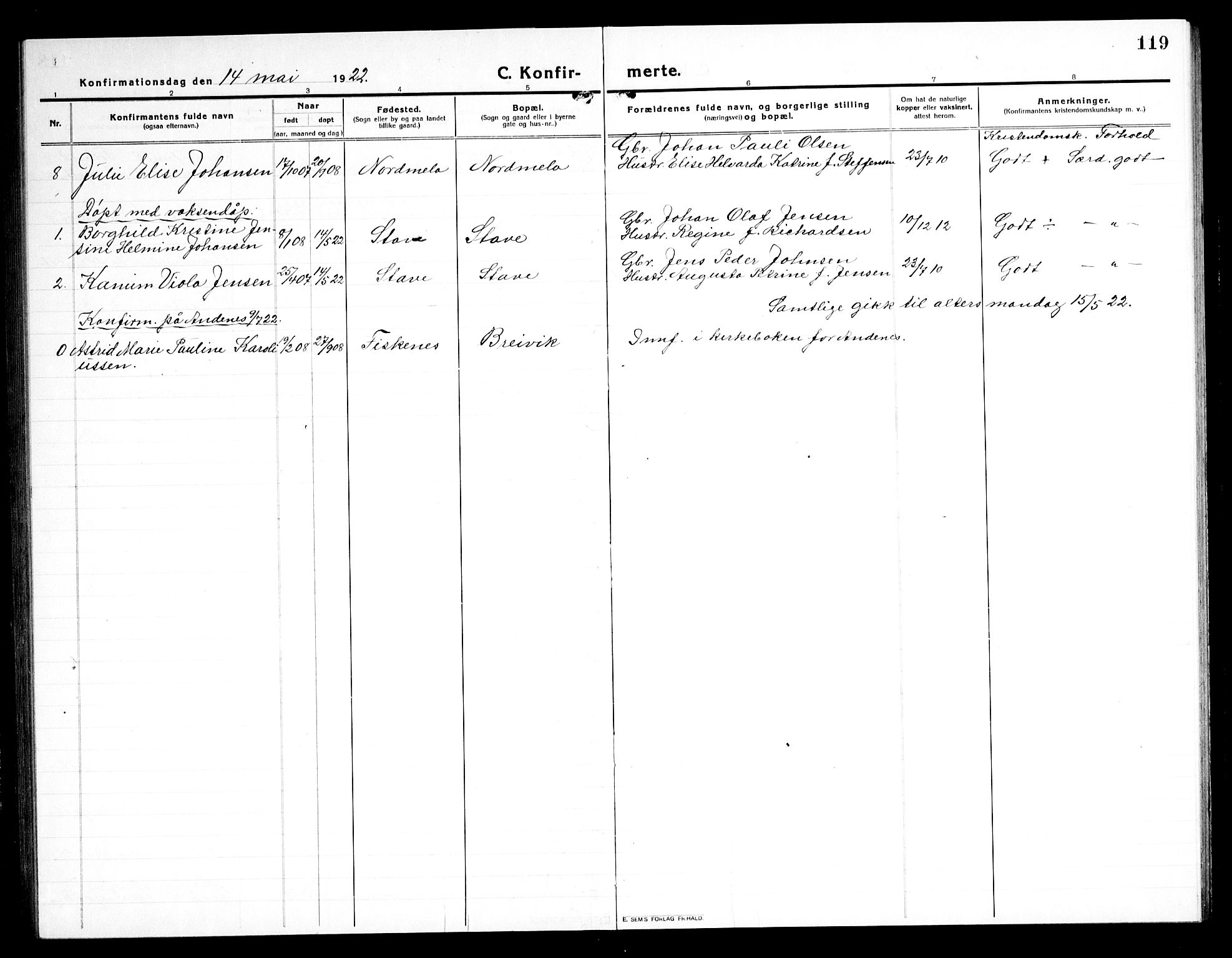 Ministerialprotokoller, klokkerbøker og fødselsregistre - Nordland, AV/SAT-A-1459/897/L1415: Parish register (copy) no. 897C05, 1916-1945, p. 119