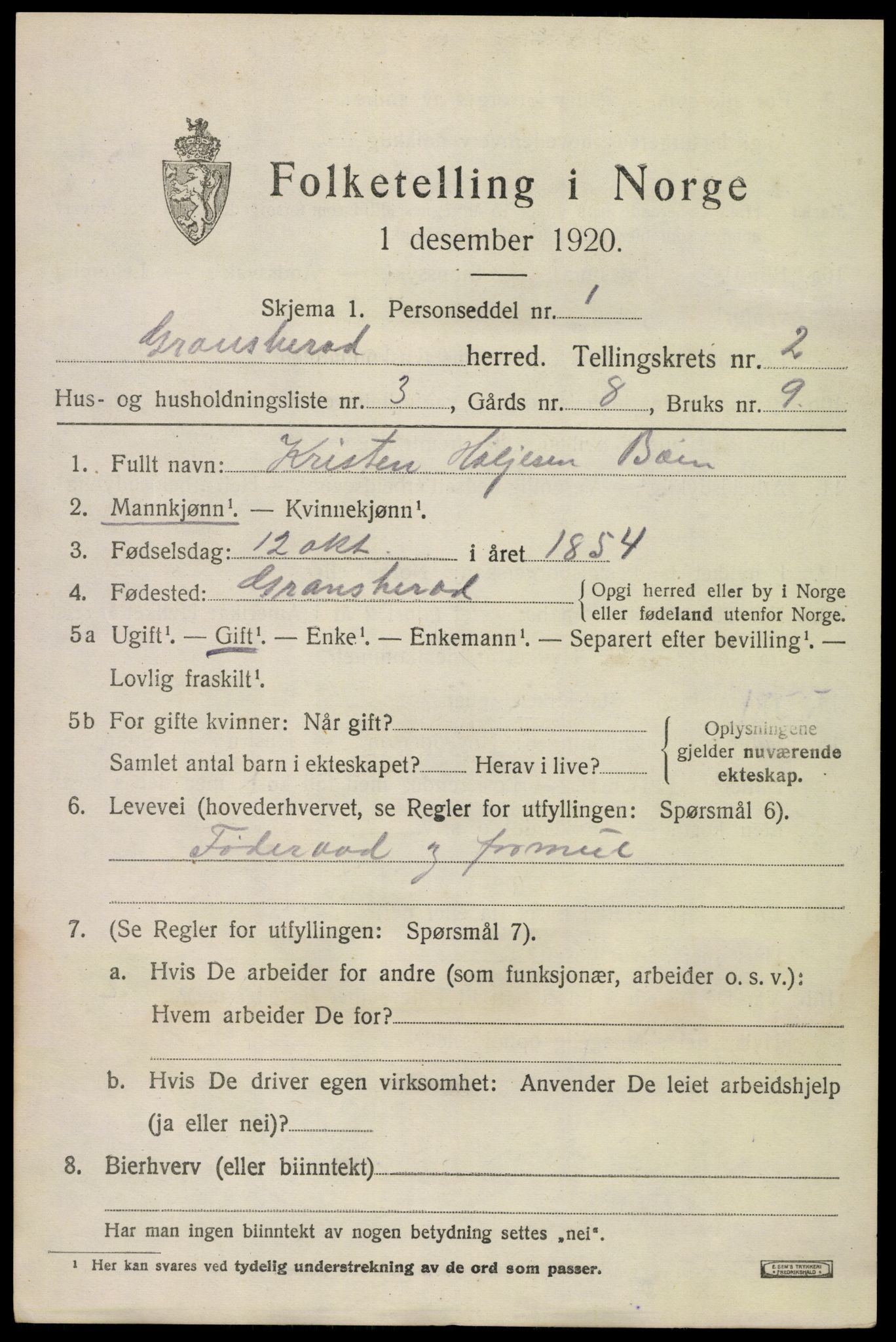 SAKO, 1920 census for Gransherad, 1920, p. 978
