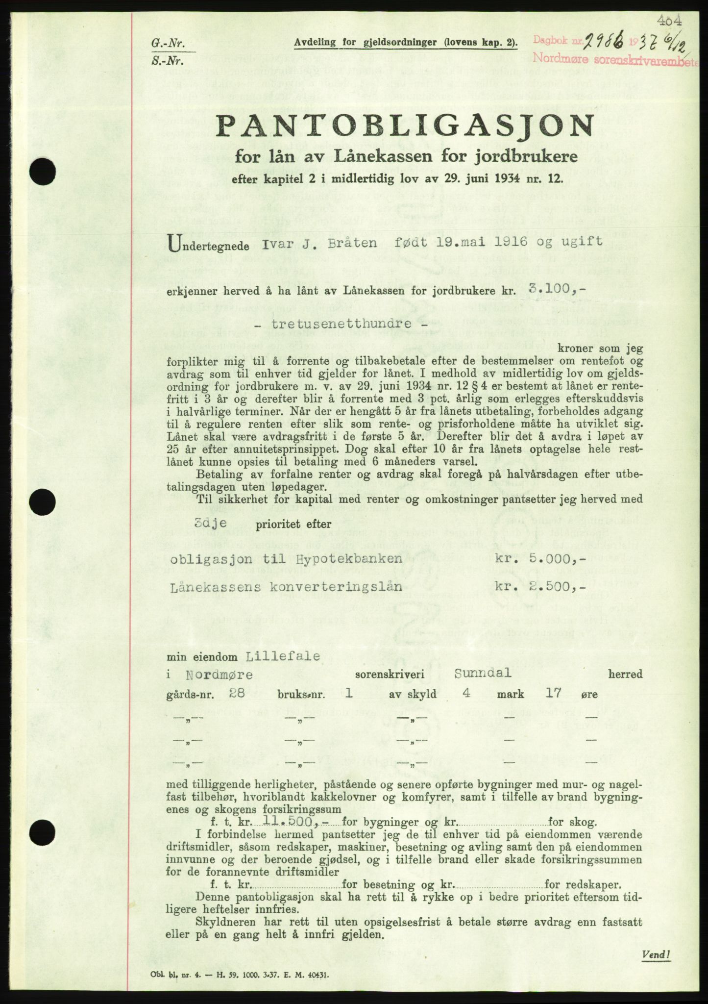 Nordmøre sorenskriveri, AV/SAT-A-4132/1/2/2Ca/L0092: Mortgage book no. B82, 1937-1938, Diary no: : 2986/1937