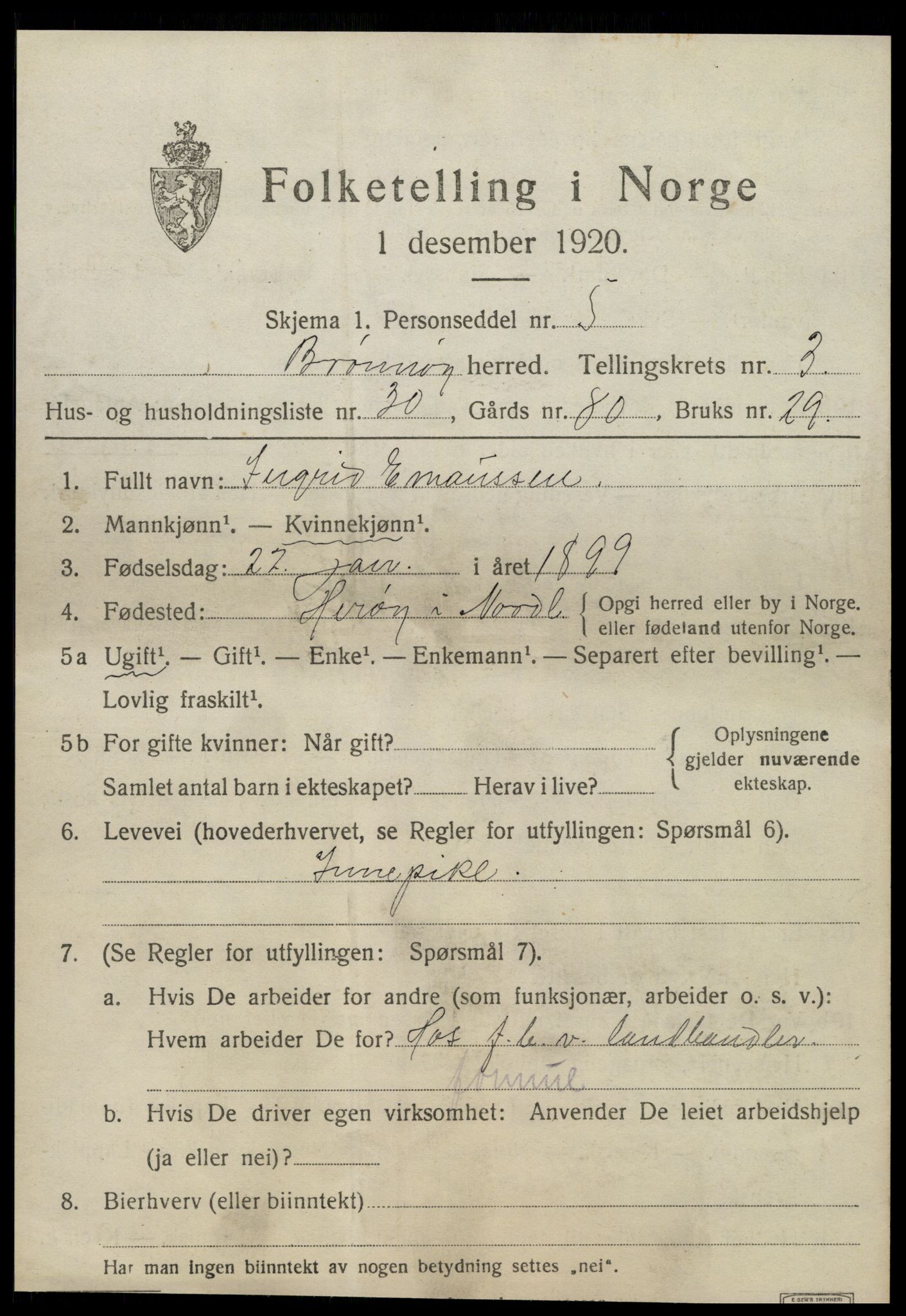 SAT, 1920 census for Brønnøy, 1920, p. 2892