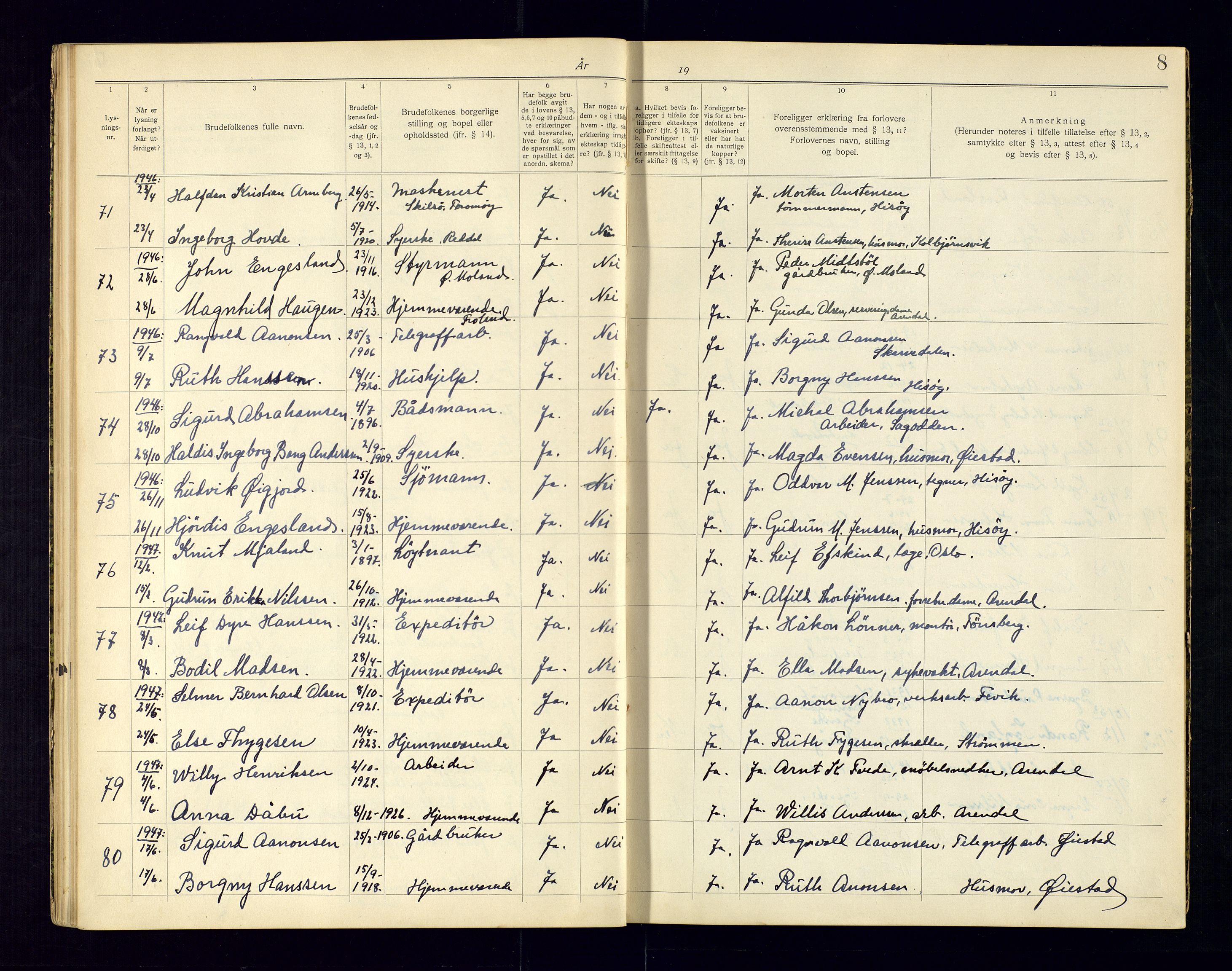 Metodistmenigheten, Arendal, SAK/1292-0011/F/Fc/L0001/0001: Marriage register (dissenter) no. 1.1, 1920-1969, p. 8