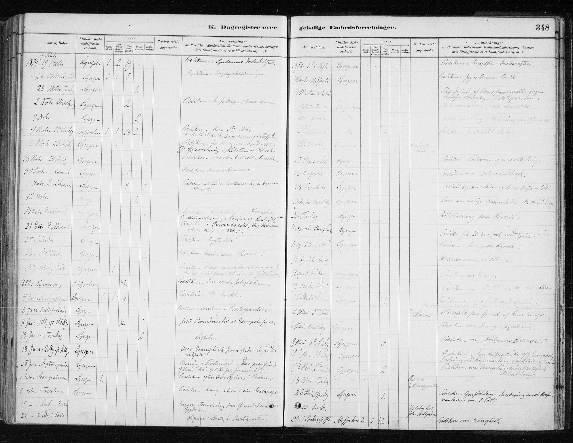 Lyngen sokneprestembete, AV/SATØ-S-1289/H/He/Hea/L0007kirke: Parish register (official) no. 7, 1879-1890, p. 348