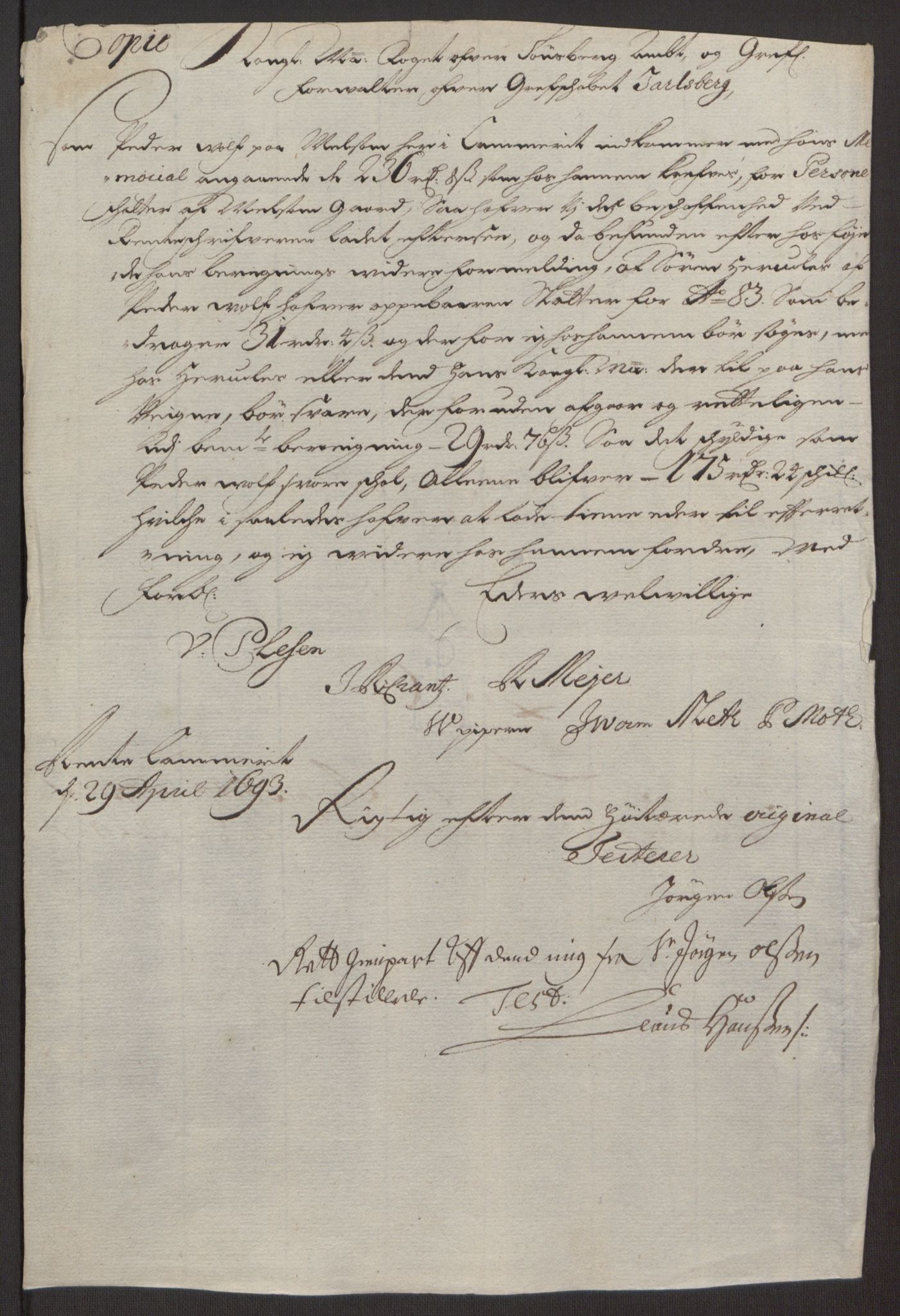 Rentekammeret inntil 1814, Reviderte regnskaper, Fogderegnskap, RA/EA-4092/R32/L1866: Fogderegnskap Jarlsberg grevskap, 1693, p. 27