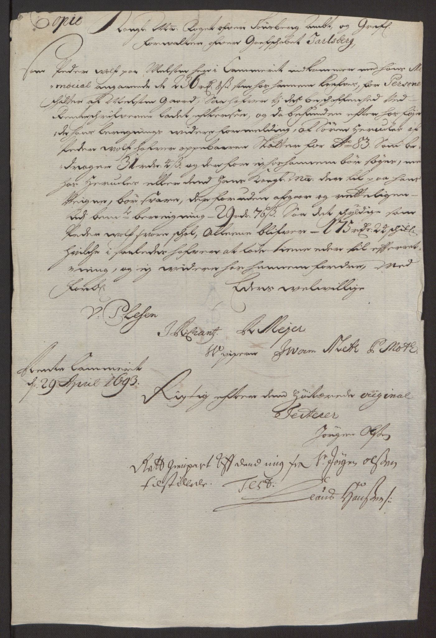 Rentekammeret inntil 1814, Reviderte regnskaper, Fogderegnskap, AV/RA-EA-4092/R32/L1866: Fogderegnskap Jarlsberg grevskap, 1693, p. 27