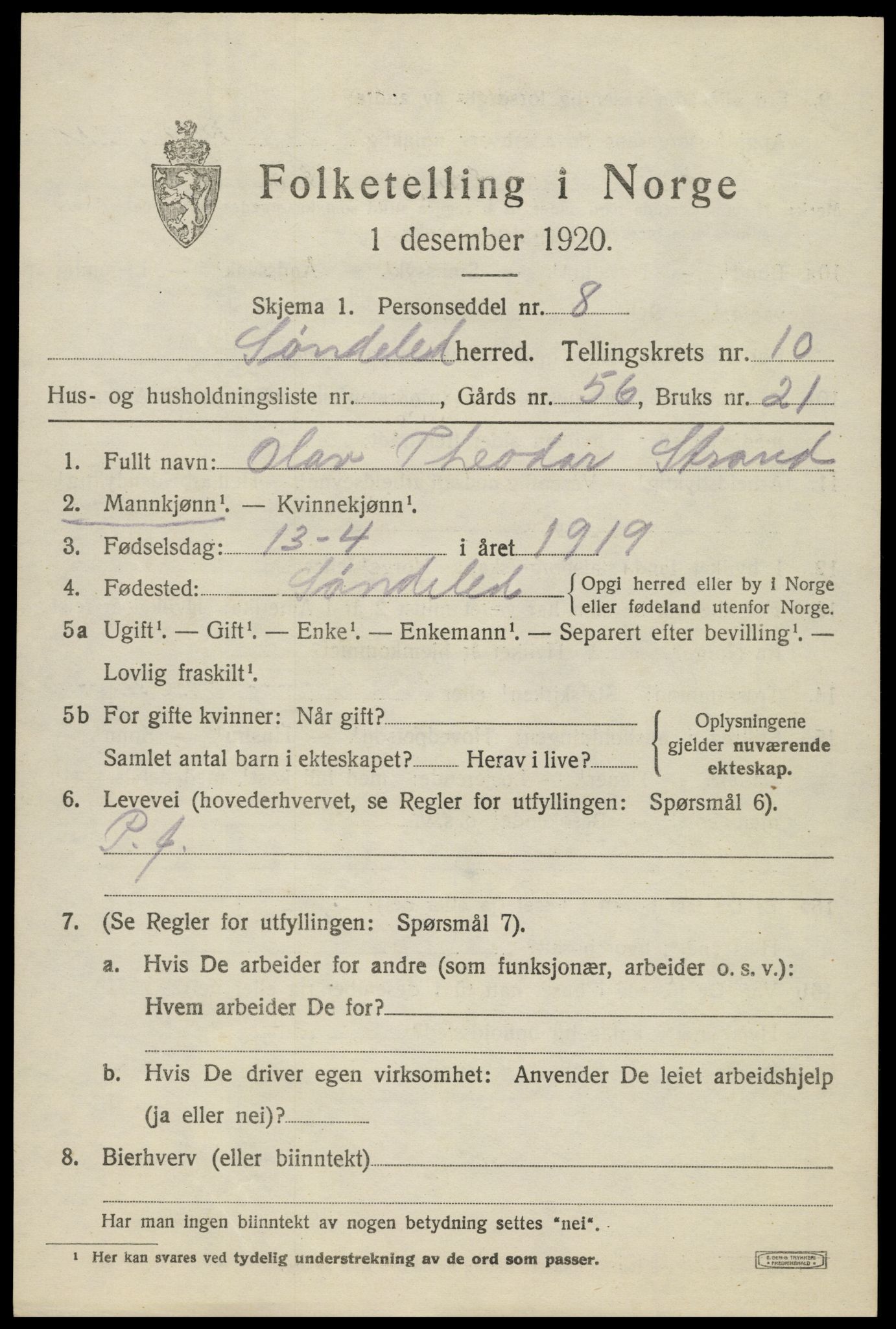 SAK, 1920 census for Søndeled, 1920, p. 5293