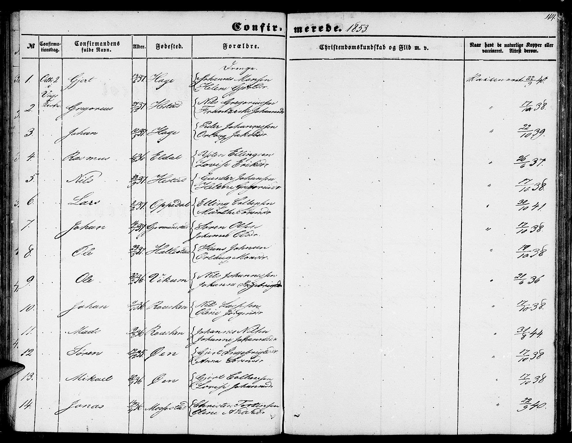 Gaular sokneprestembete, SAB/A-80001/H/Hab: Parish register (copy) no. C 1, 1853-1877, p. 44