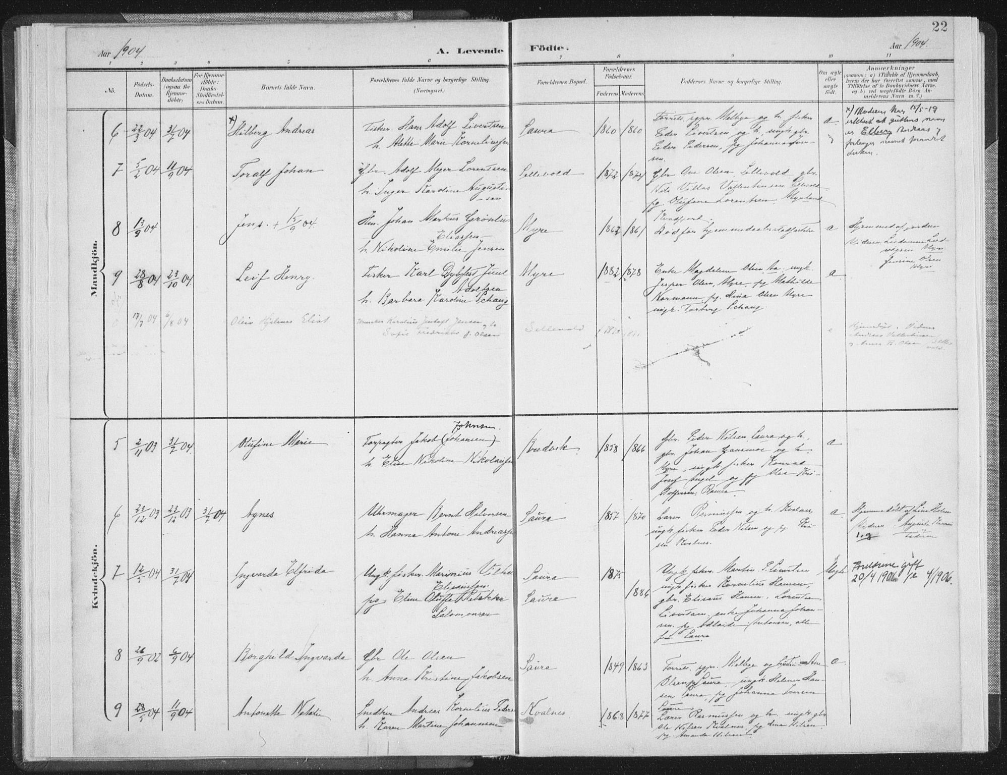 Ministerialprotokoller, klokkerbøker og fødselsregistre - Nordland, AV/SAT-A-1459/897/L1400: Parish register (official) no. 897A07, 1897-1908, p. 22