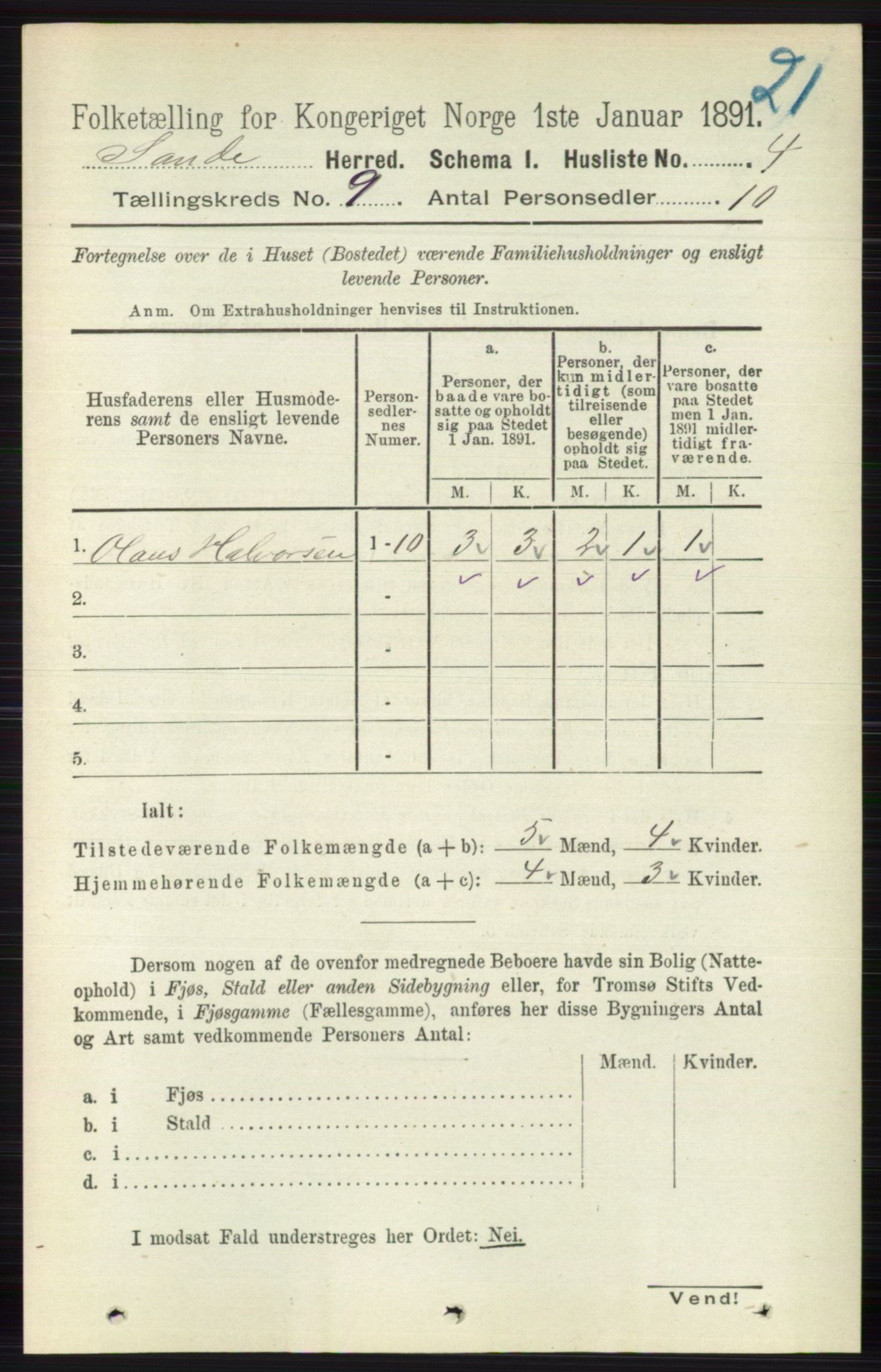 RA, 1891 census for 0713 Sande, 1891, p. 3848