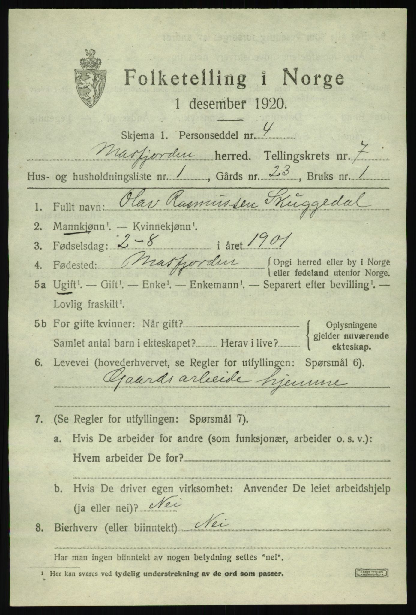 SAB, 1920 census for Masfjorden, 1920, p. 2635