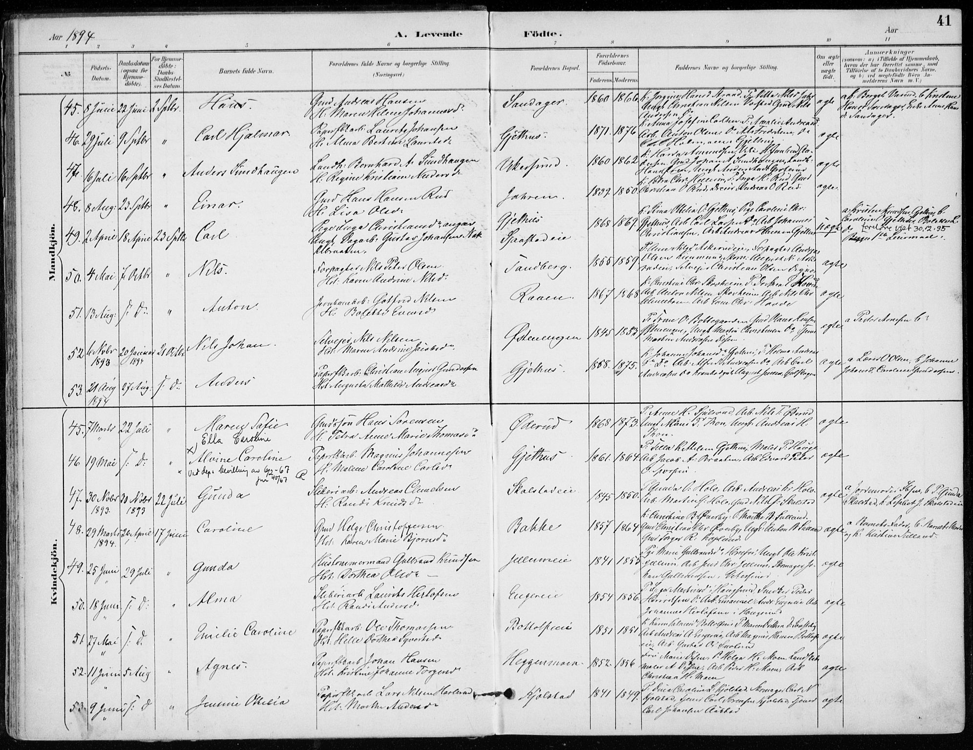 Modum kirkebøker, AV/SAKO-A-234/F/Fa/L0012: Parish register (official) no. 12, 1890-1898, p. 41