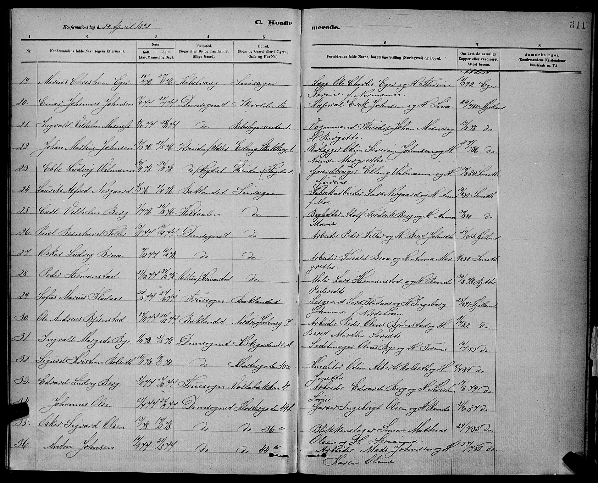 Ministerialprotokoller, klokkerbøker og fødselsregistre - Sør-Trøndelag, SAT/A-1456/601/L0092: Parish register (copy) no. 601C10, 1884-1897, p. 311