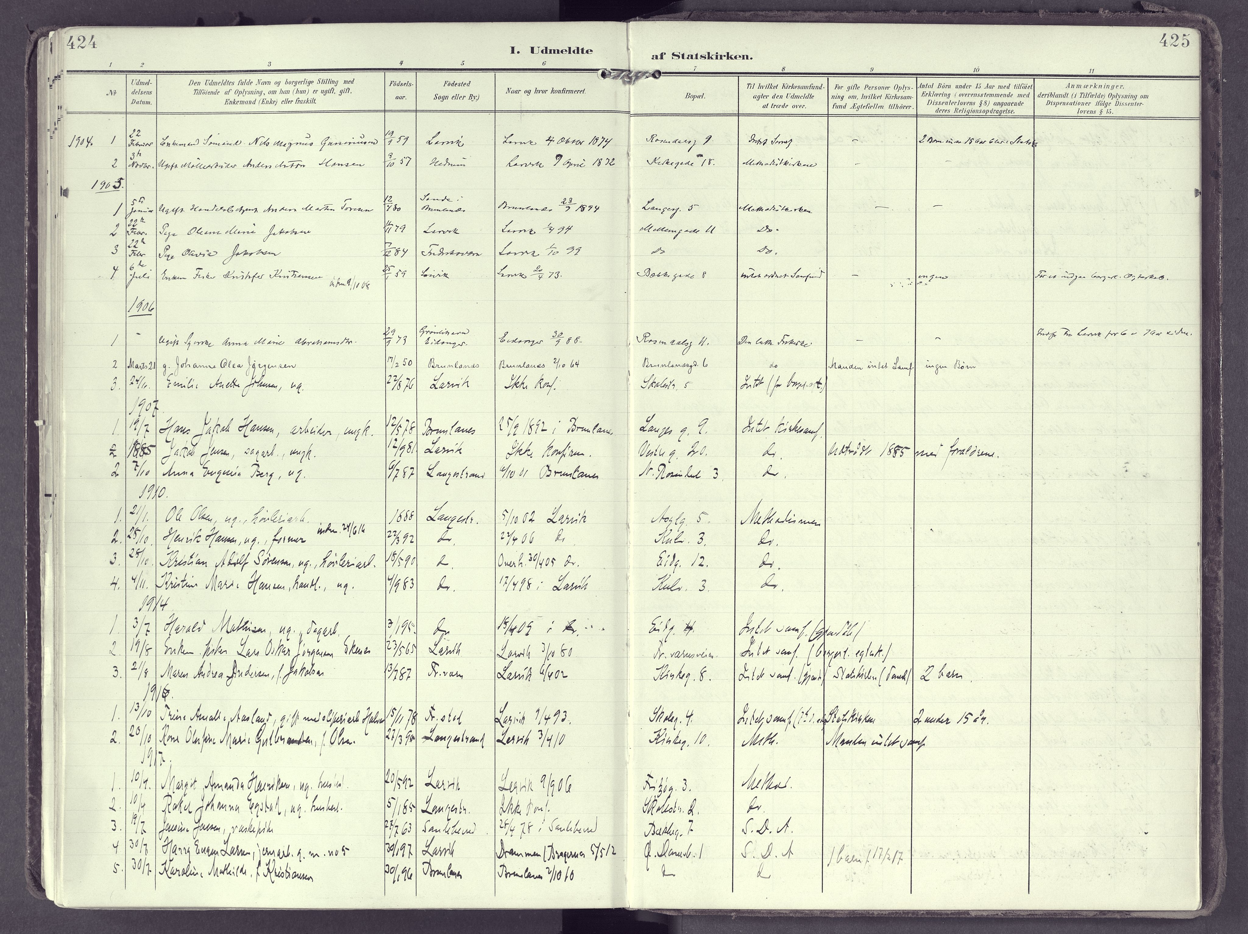 Larvik kirkebøker, SAKO/A-352/F/Fb/L0005: Parish register (official) no. II 5, 1903-1925, p. 424-425