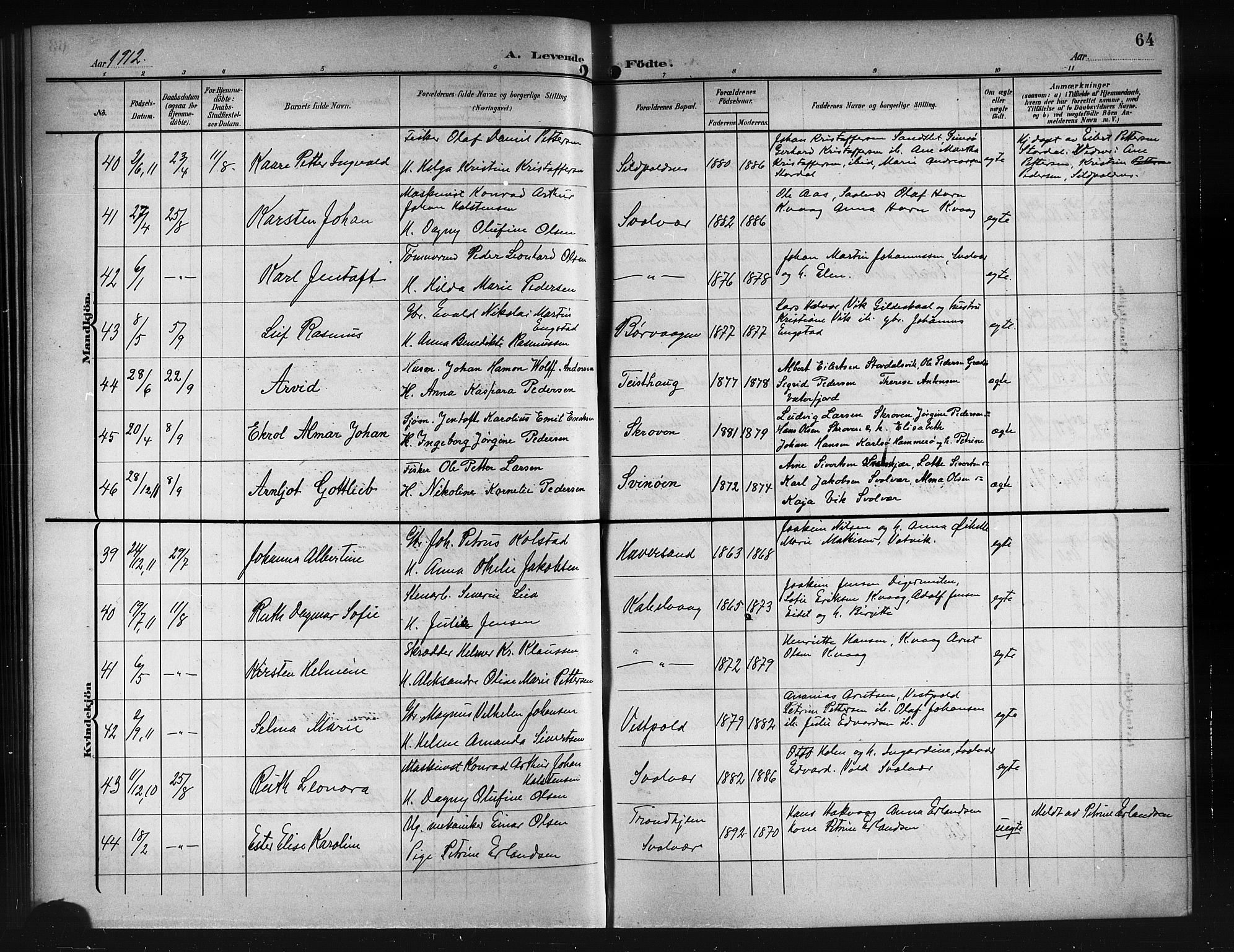 Ministerialprotokoller, klokkerbøker og fødselsregistre - Nordland, AV/SAT-A-1459/874/L1079: Parish register (copy) no. 874C08, 1907-1915, p. 64