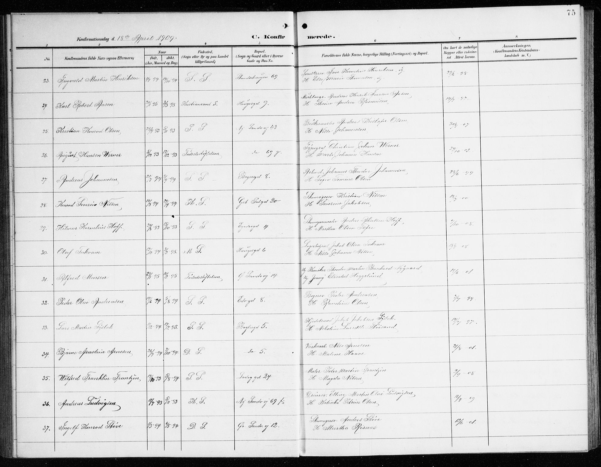 Sandviken Sokneprestembete, SAB/A-77601/H/Ha/L0011: Parish register (official) no. C 2, 1905-1918, p. 75