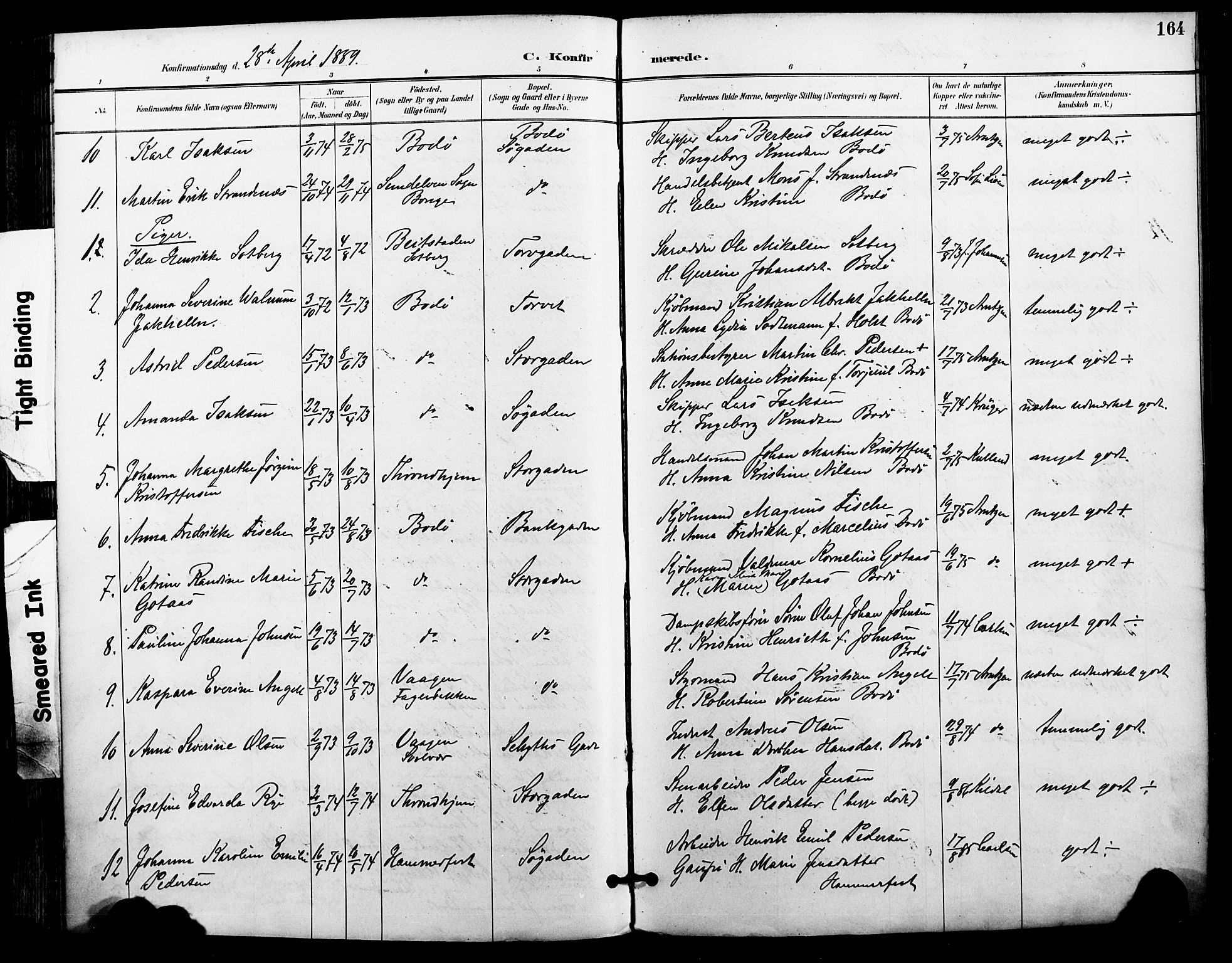 Ministerialprotokoller, klokkerbøker og fødselsregistre - Nordland, AV/SAT-A-1459/801/L0010: Parish register (official) no. 801A10, 1888-1899, p. 164