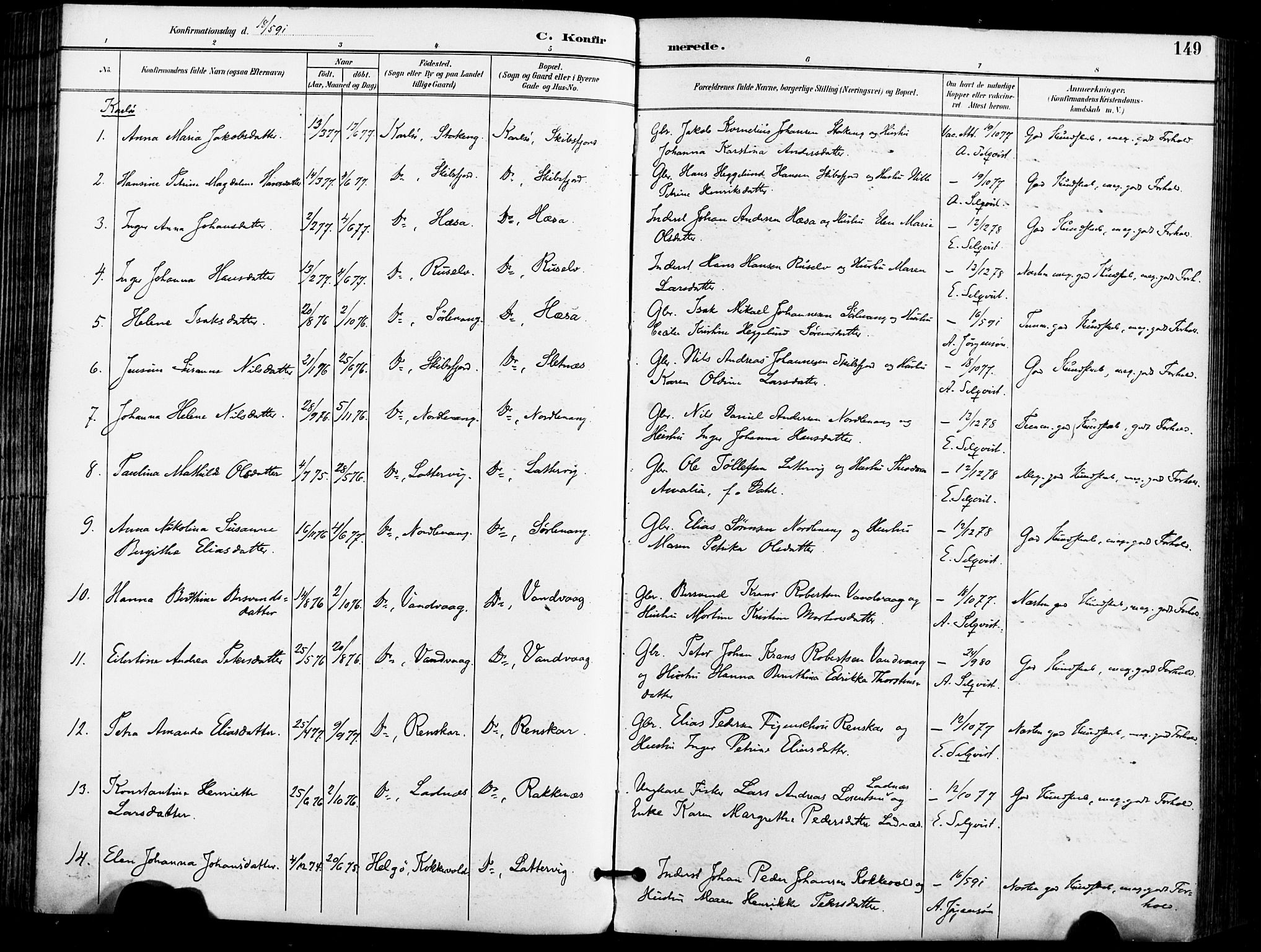 Karlsøy sokneprestembete, AV/SATØ-S-1299/H/Ha/Haa/L0007kirke: Parish register (official) no. 7, 1891-1902, p. 149