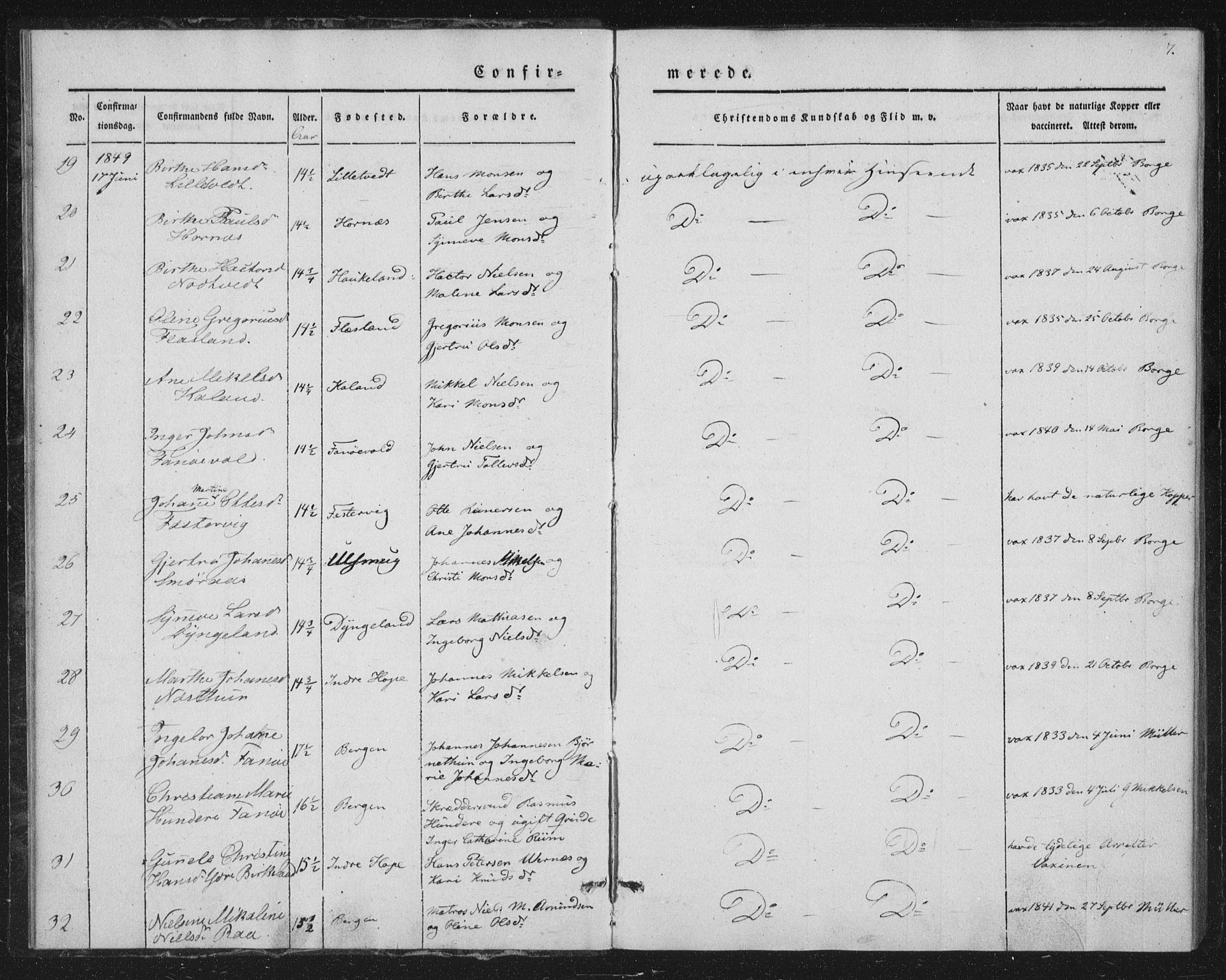 Fana Sokneprestembete, SAB/A-75101/H/Haa/Haaa/L0009: Parish register (official) no. A 9, 1849-1850, p. 7