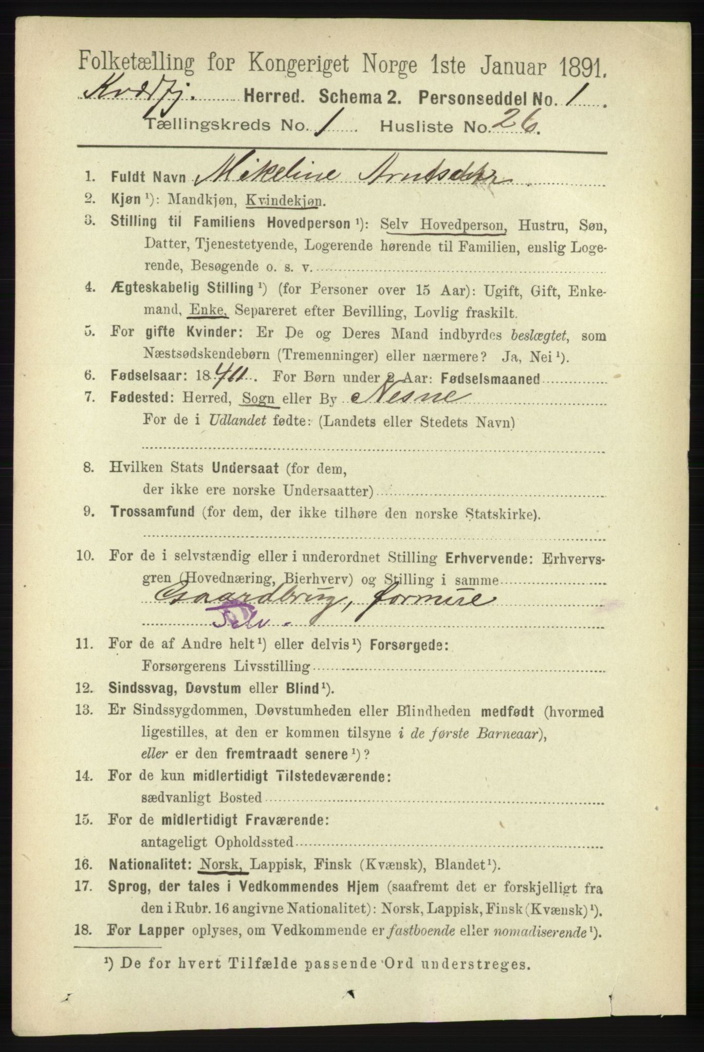 RA, 1891 census for 1911 Kvæfjord, 1891, p. 254