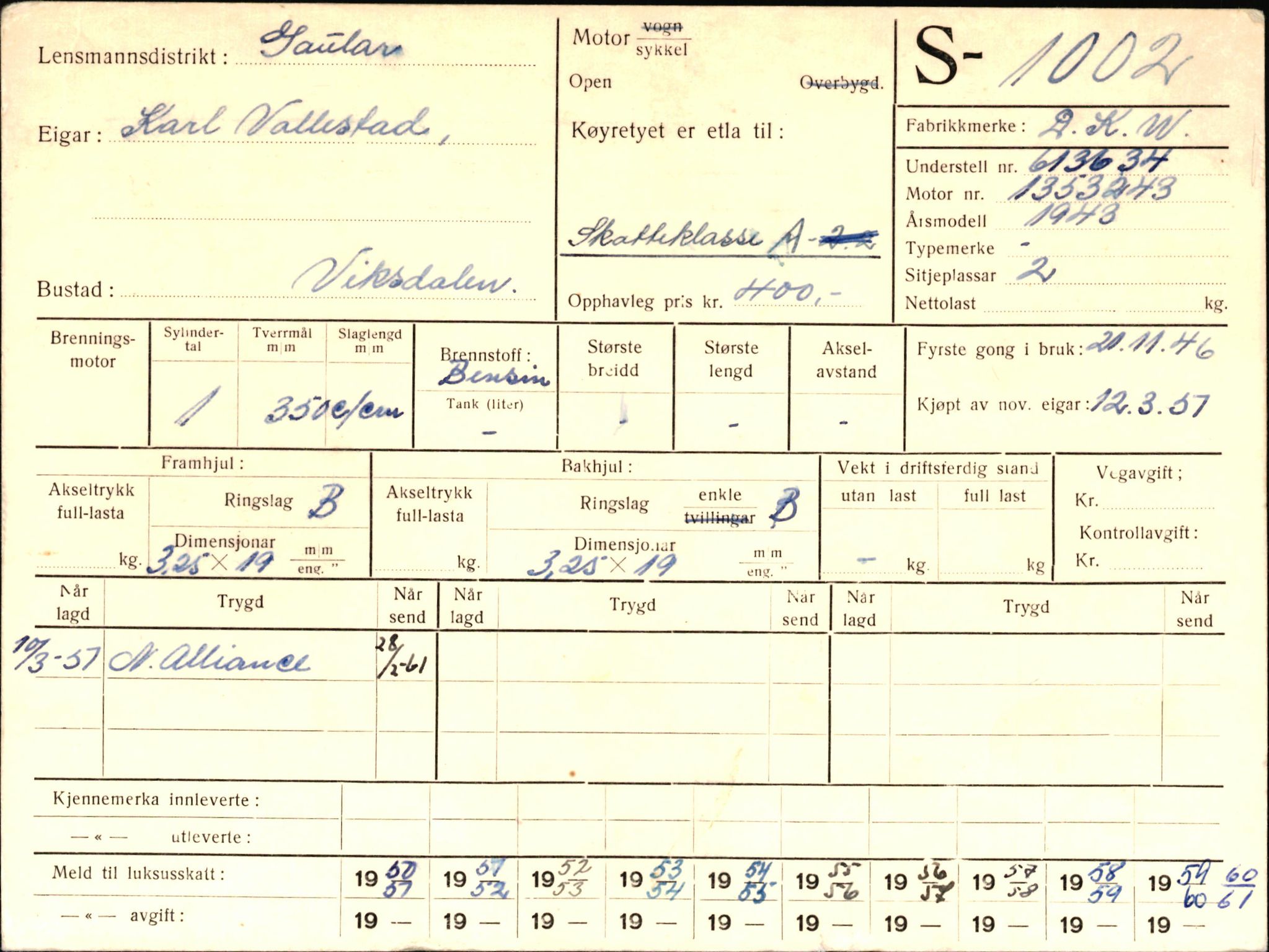 Statens vegvesen, Sogn og Fjordane vegkontor, AV/SAB-A-5301/4/F/L0003: Registerkort utmeldte Fjordane S1000-2499, 1930-1961, p. 5