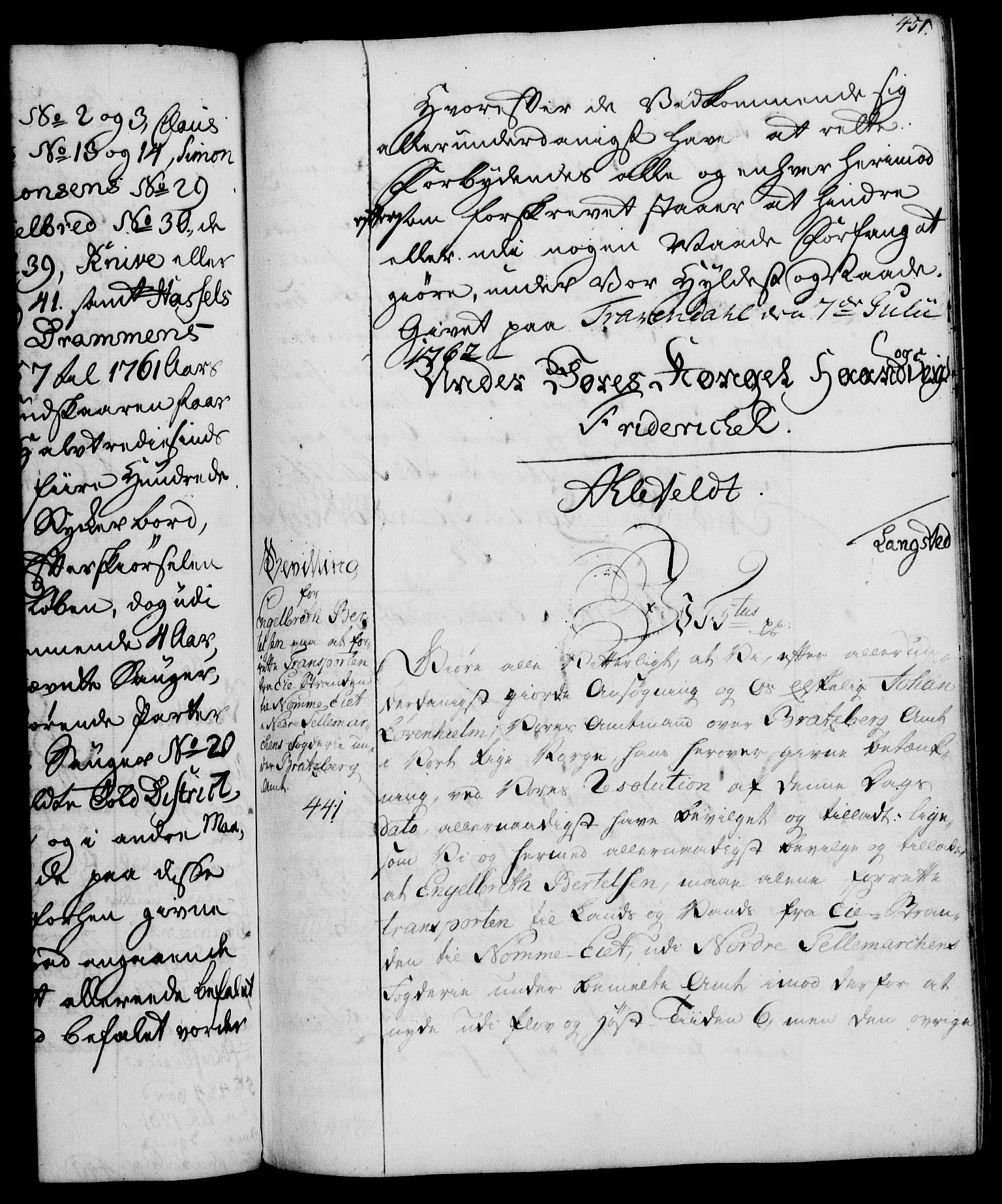 Rentekammeret, Kammerkanselliet, RA/EA-3111/G/Gg/Gga/L0007: Norsk ekspedisjonsprotokoll med register (merket RK 53.7), 1759-1768, p. 451