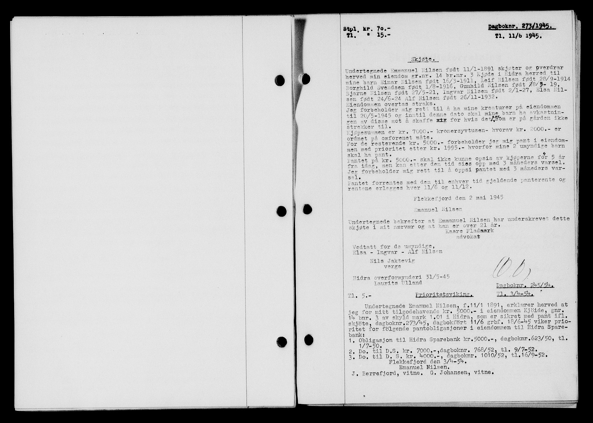 Flekkefjord sorenskriveri, SAK/1221-0001/G/Gb/Gba/L0059: Mortgage book no. A-7, 1944-1945, Diary no: : 273/1945