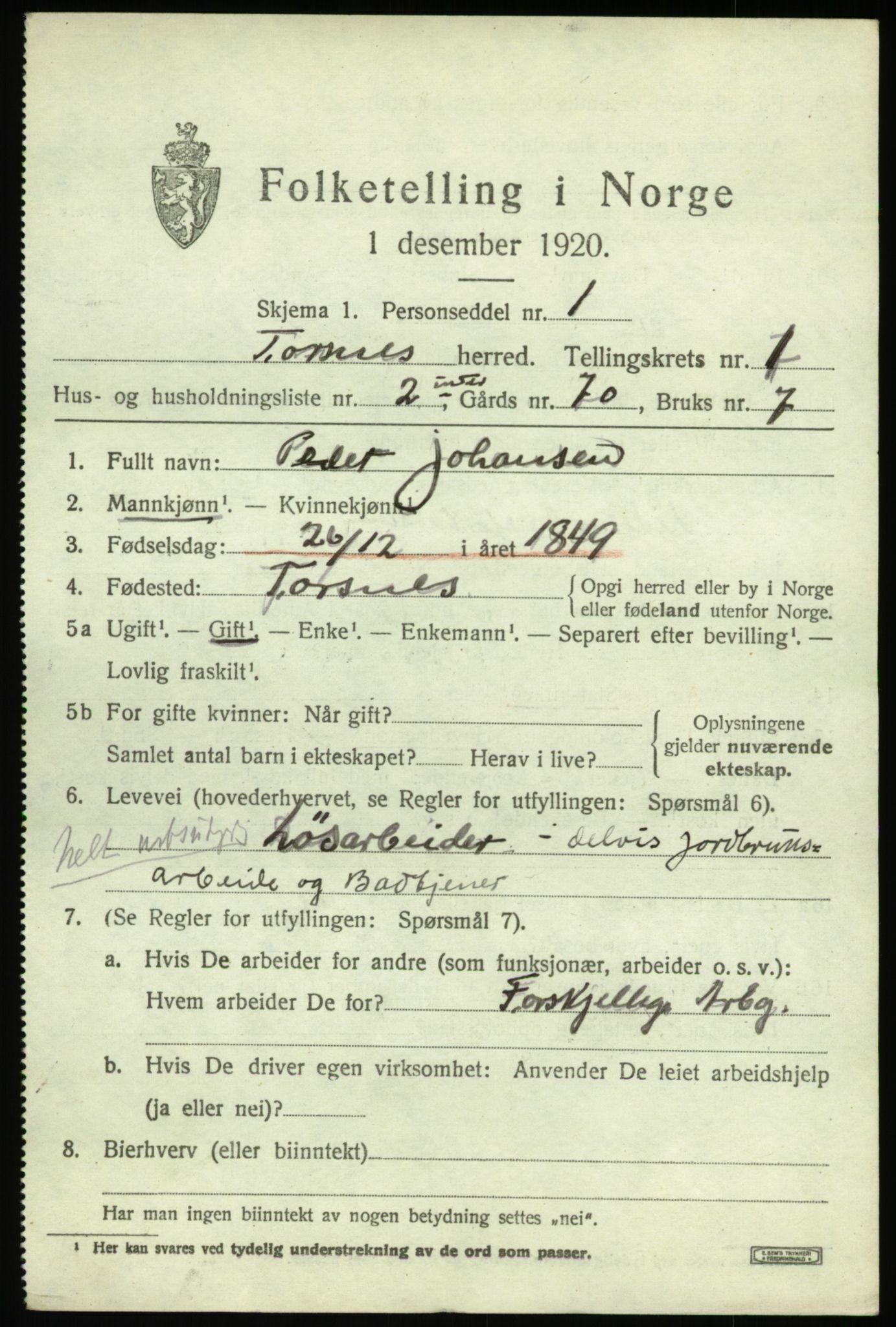 SAO, 1920 census for Torsnes, 1920, p. 489