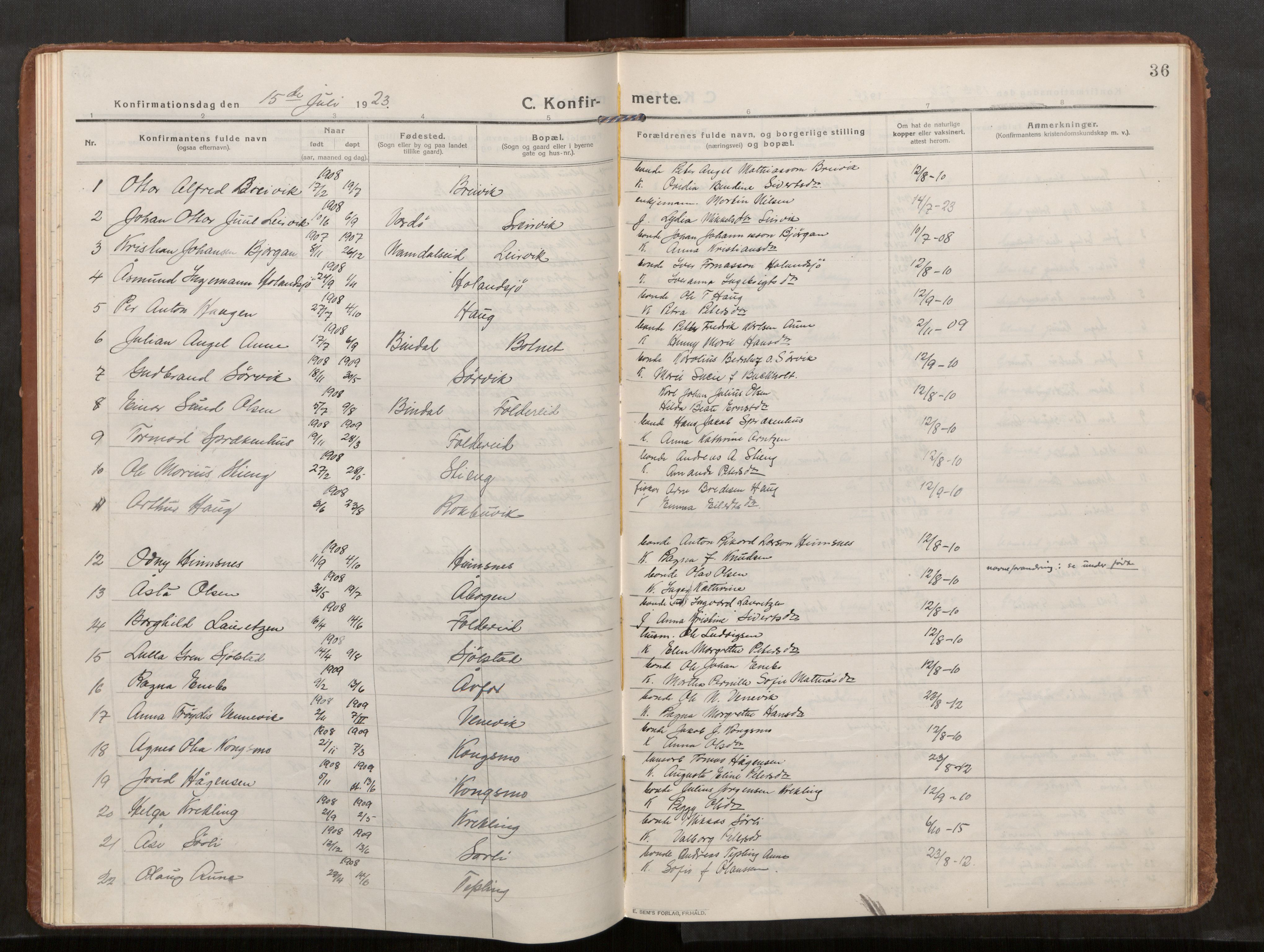 Kolvereid sokneprestkontor, AV/SAT-A-1171/H/Ha/Haa/L0002: Parish register (official) no. 2, 1914-1926, p. 36