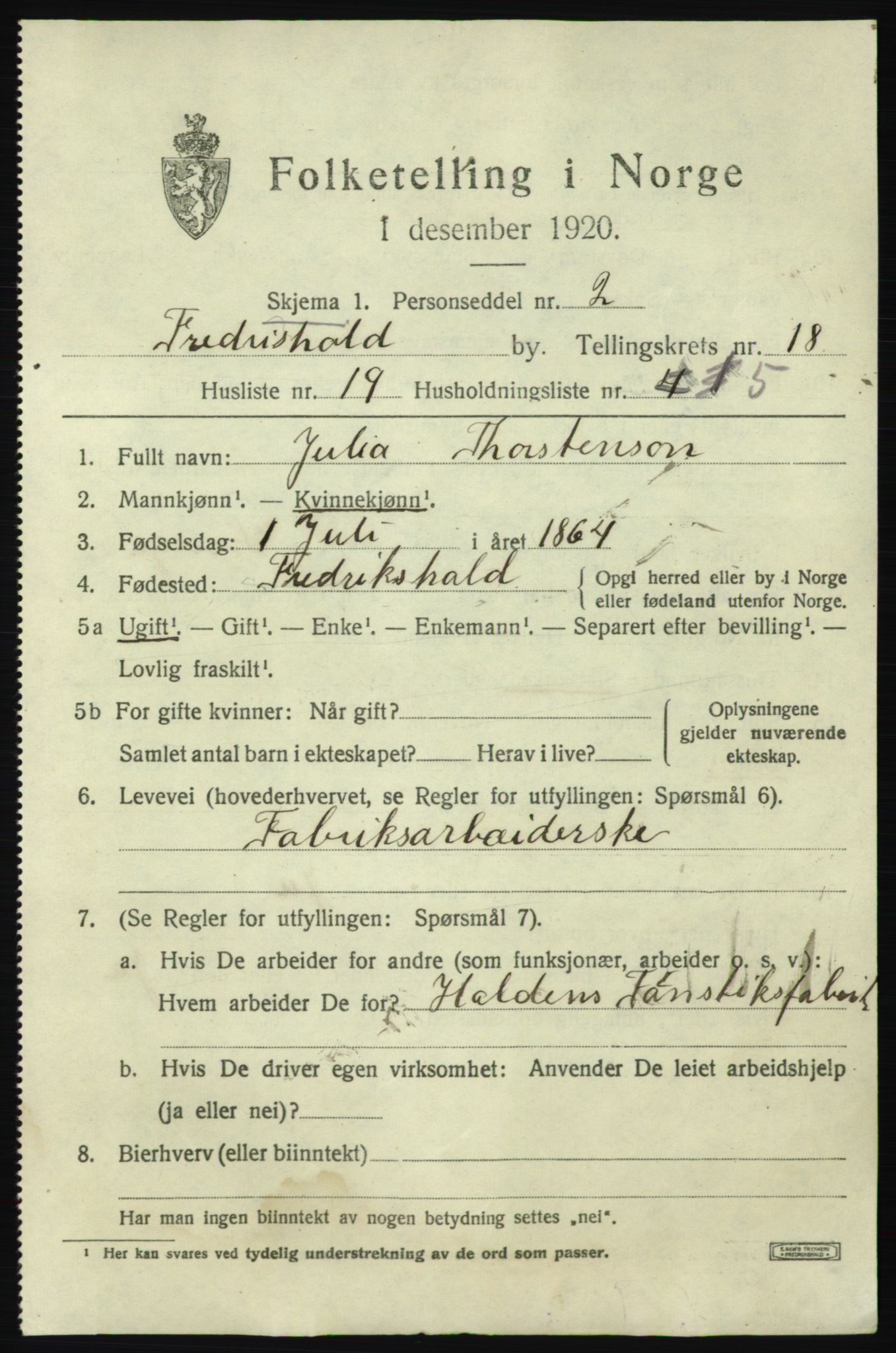 SAO, 1920 census for Fredrikshald, 1920, p. 27643