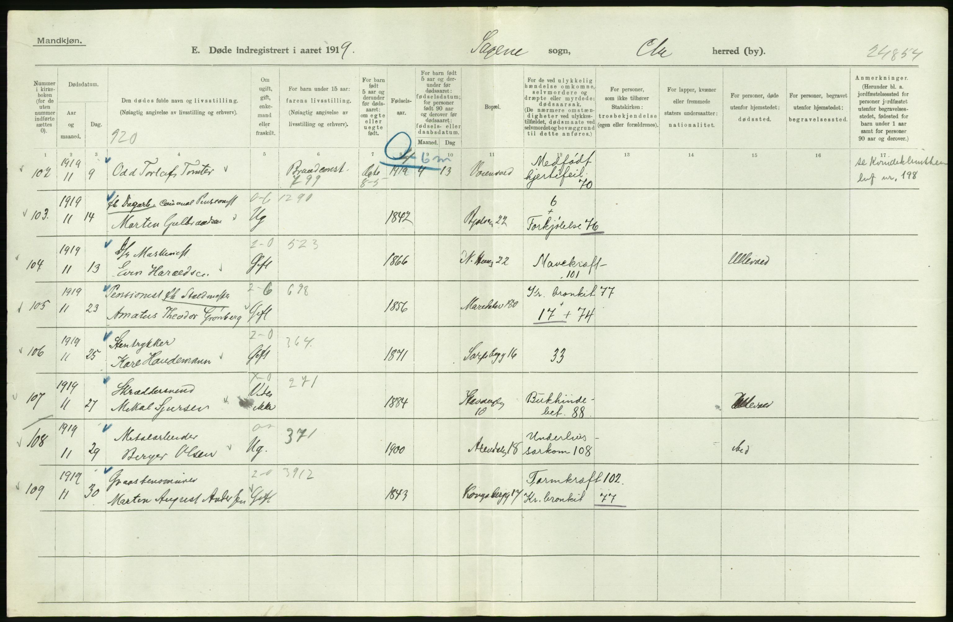 Statistisk sentralbyrå, Sosiodemografiske emner, Befolkning, RA/S-2228/D/Df/Dfb/Dfbi/L0010: Kristiania: Døde, 1919, p. 328