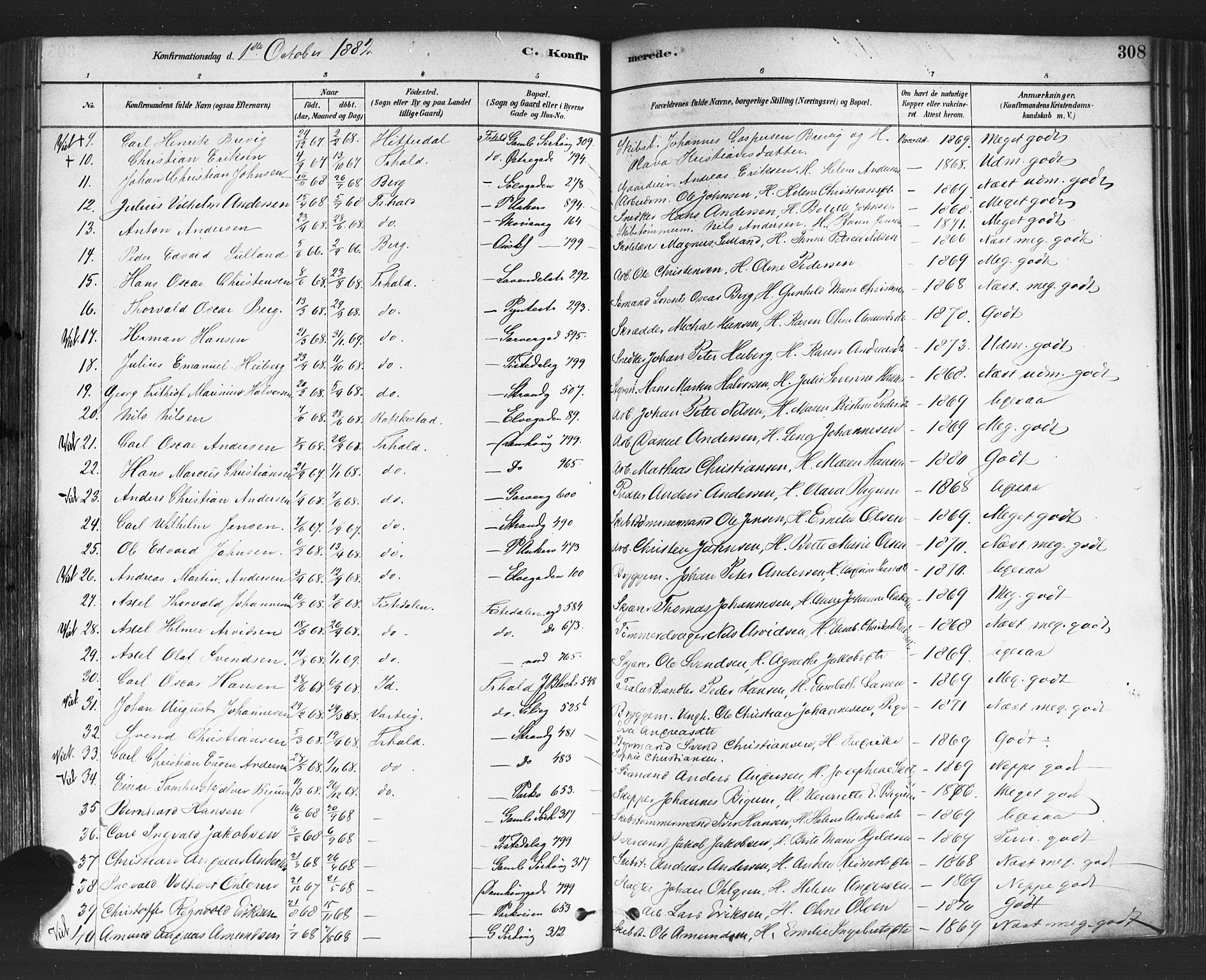 Halden prestekontor Kirkebøker, AV/SAO-A-10909/F/Fa/L0011: Parish register (official) no. I 11, 1878-1889, p. 308