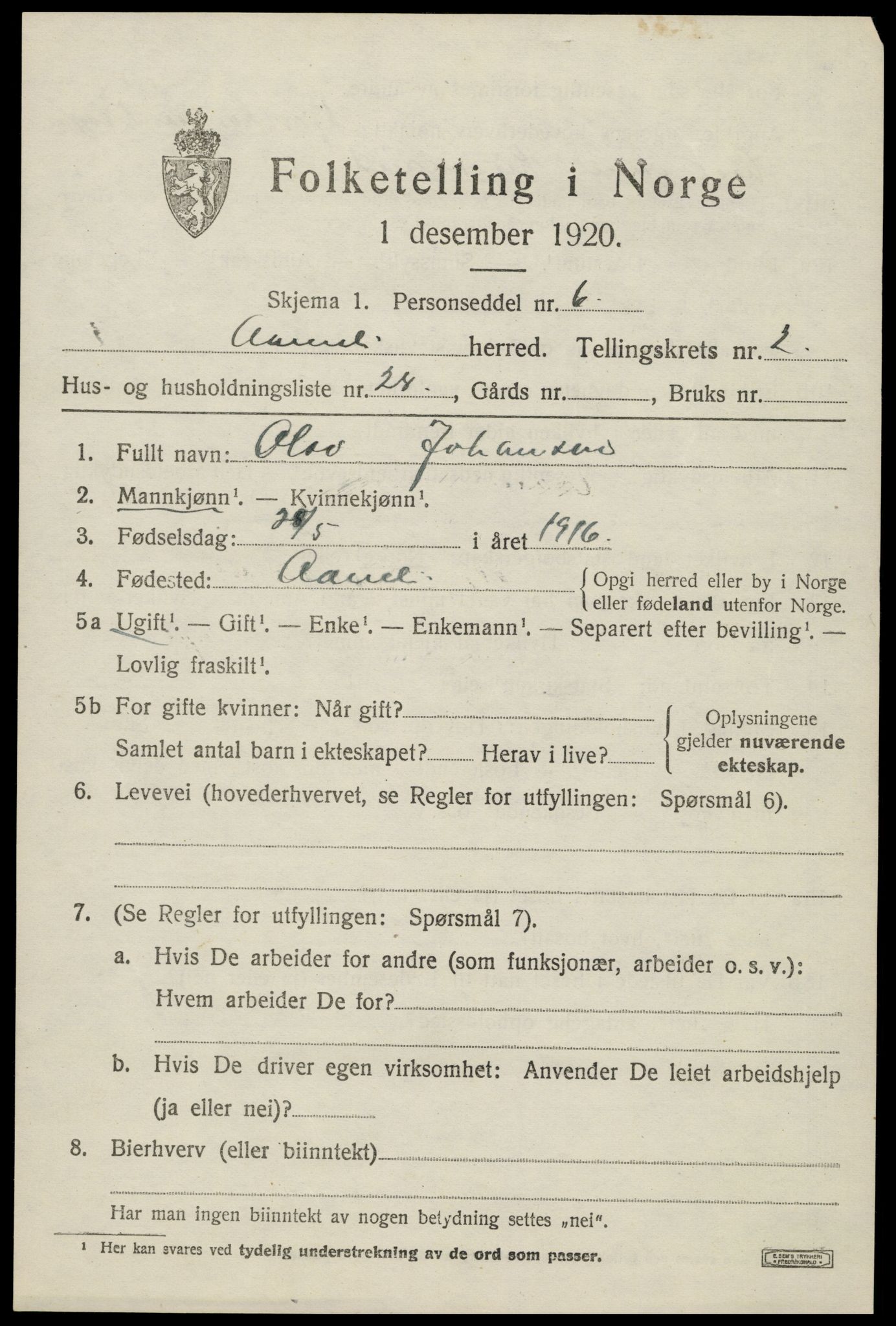 SAK, 1920 census for Åmli, 1920, p. 1249