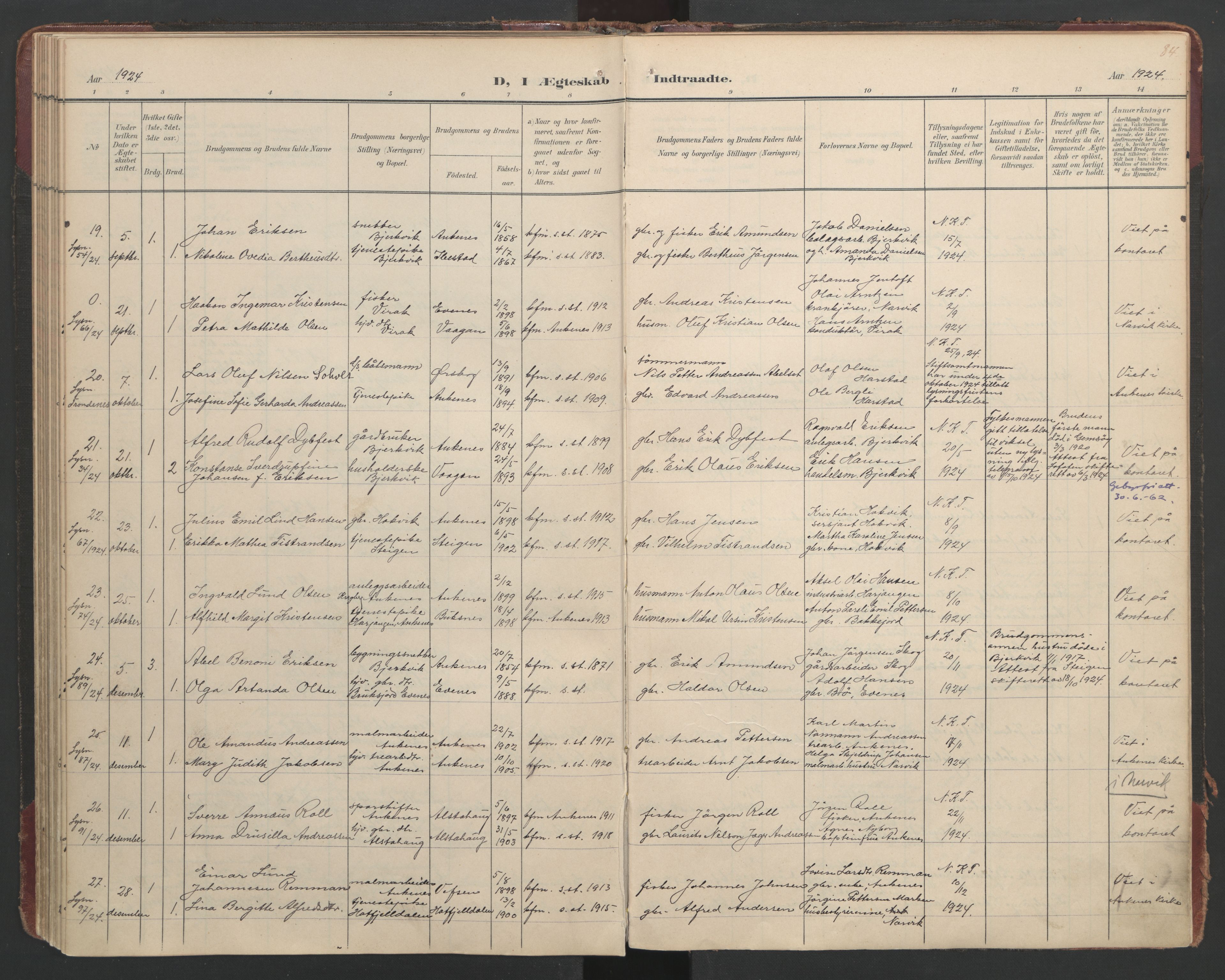 Ministerialprotokoller, klokkerbøker og fødselsregistre - Nordland, AV/SAT-A-1459/866/L0942: Parish register (official) no. 866A05, 1901-1928, p. 84