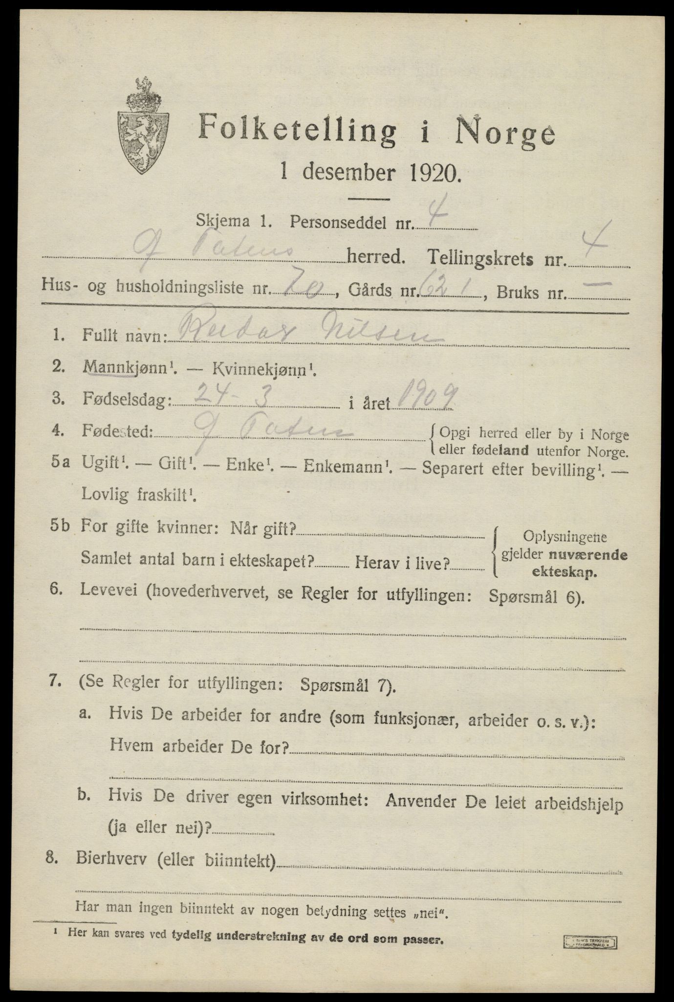 SAH, 1920 census for Østre Toten, 1920, p. 9396