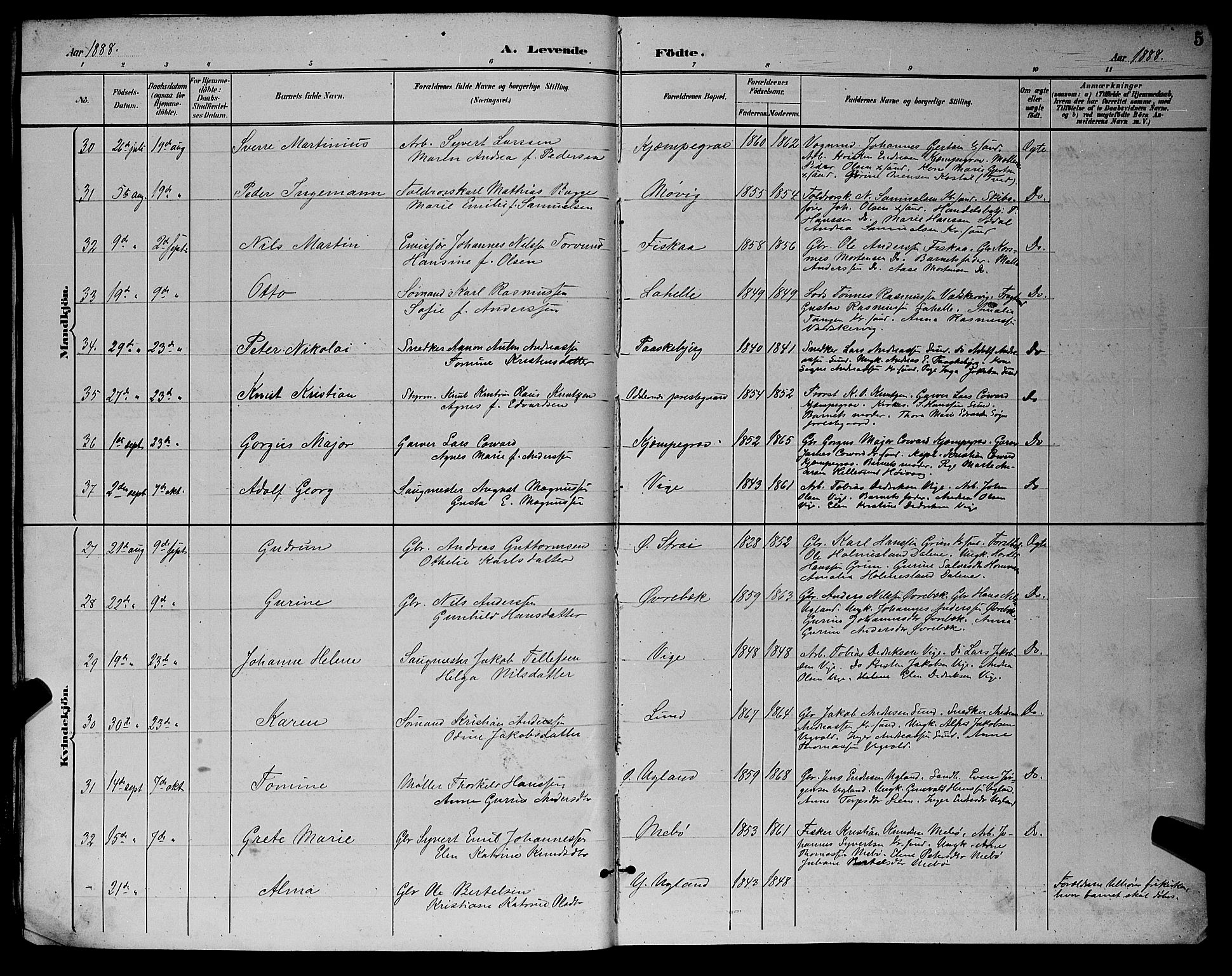 Oddernes sokneprestkontor, AV/SAK-1111-0033/F/Fb/Fba/L0008: Parish register (copy) no. B 8, 1887-1898, p. 5