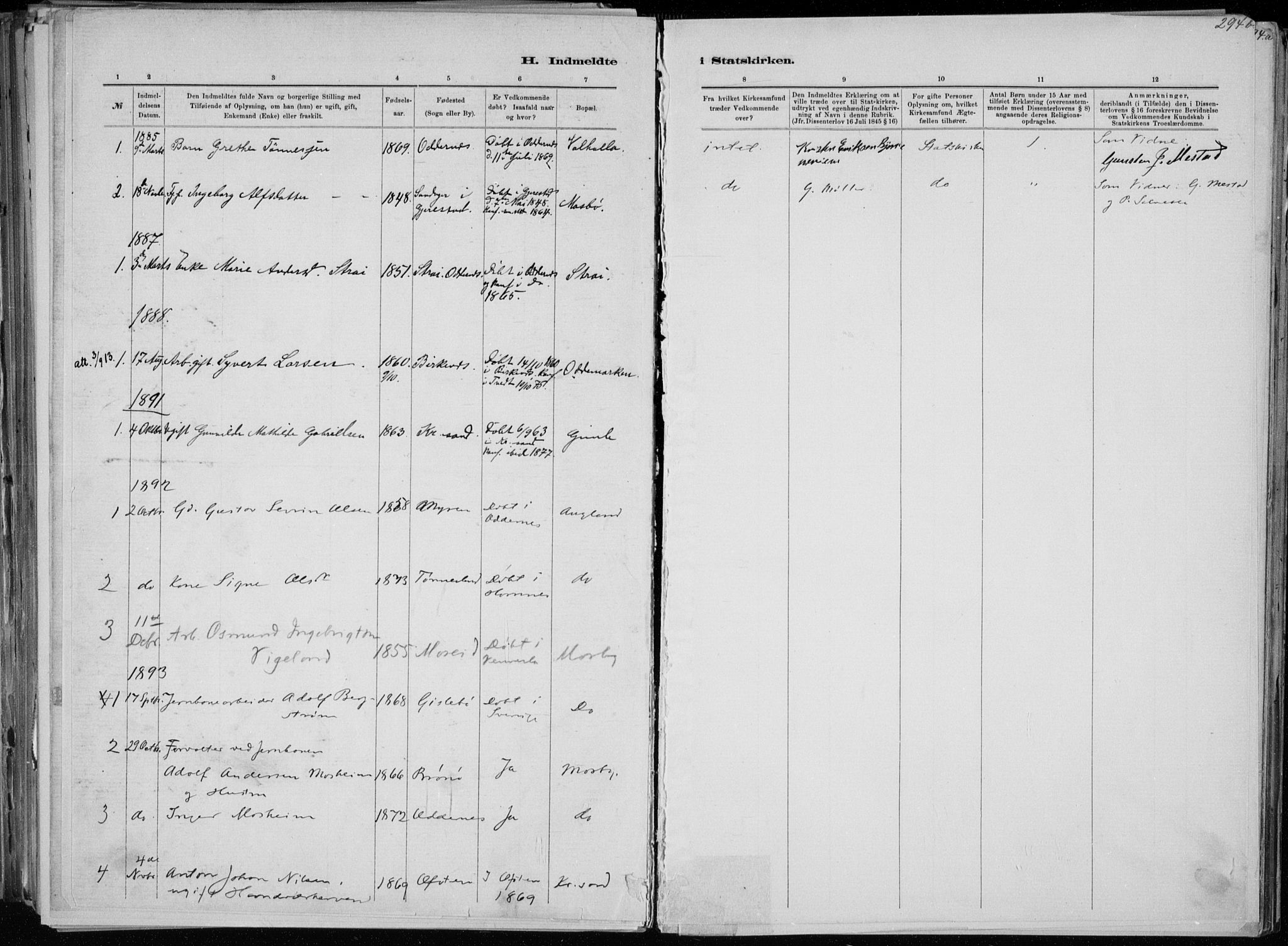 Oddernes sokneprestkontor, SAK/1111-0033/F/Fa/Faa/L0009: Parish register (official) no. A 9, 1884-1896, p. 294a