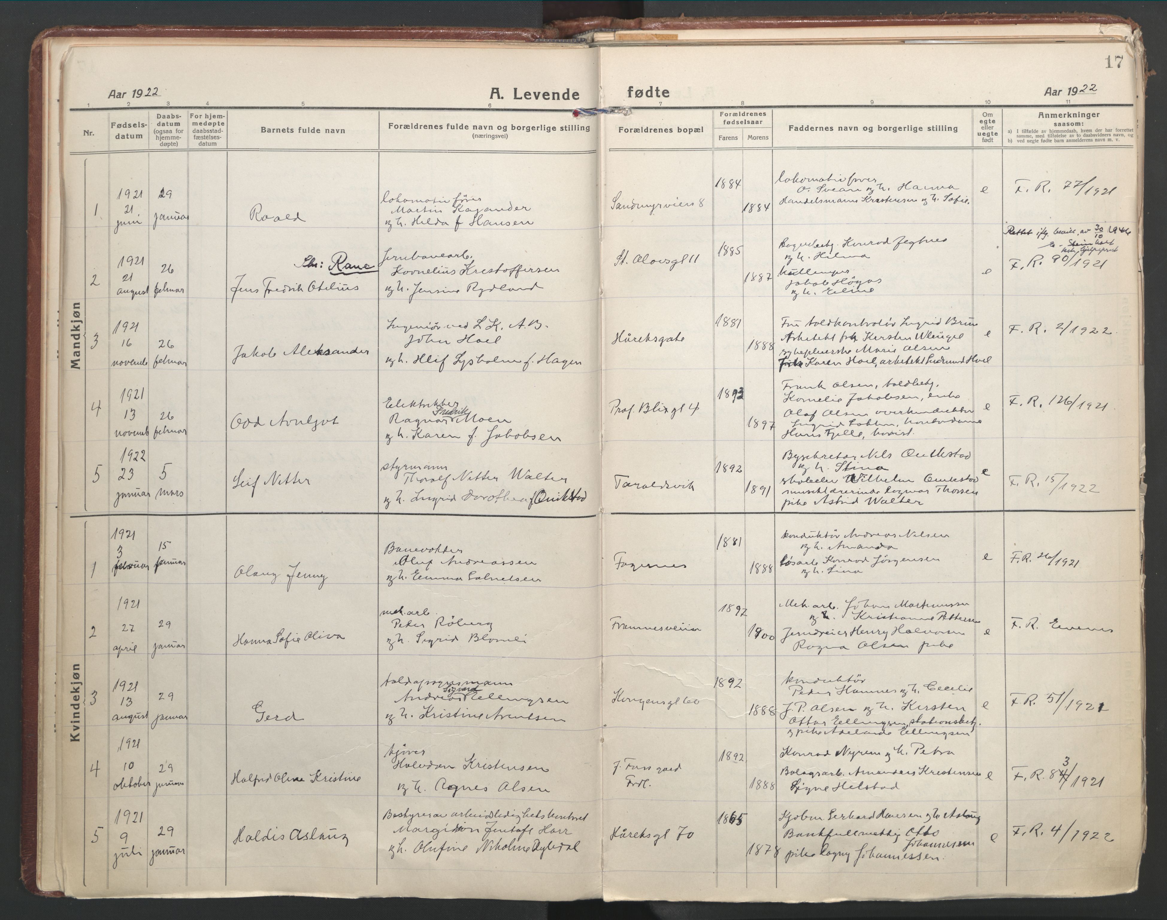 Ministerialprotokoller, klokkerbøker og fødselsregistre - Nordland, SAT/A-1459/871/L1003: Parish register (official) no. 871A19, 1921-1930, p. 17