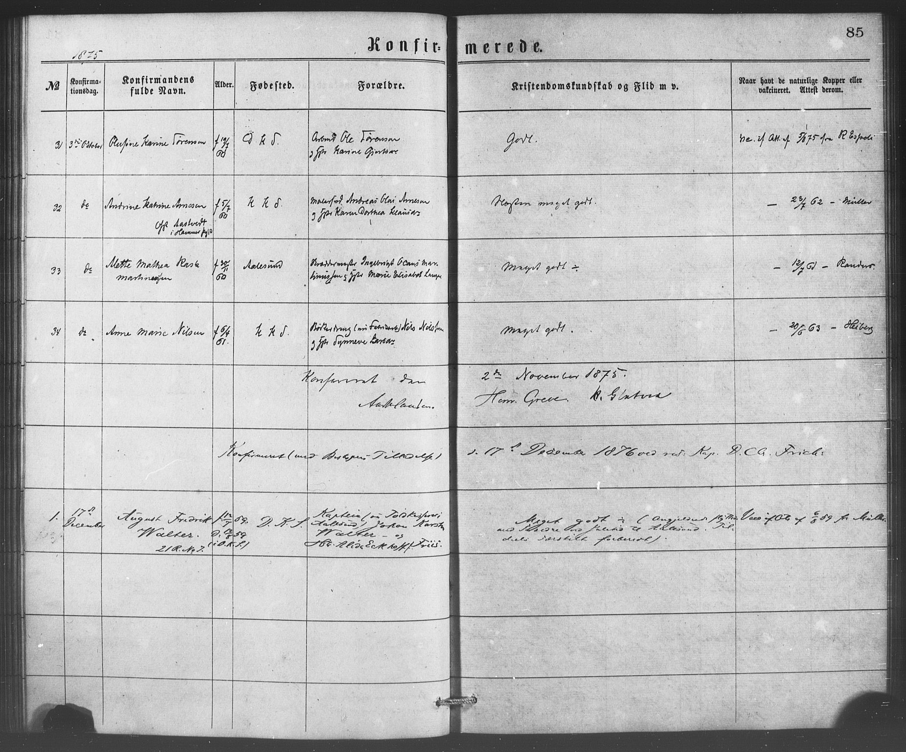 Korskirken sokneprestembete, SAB/A-76101/H/Haa/L0070: Curate's parish register no. A 5, 1869-1885, p. 85